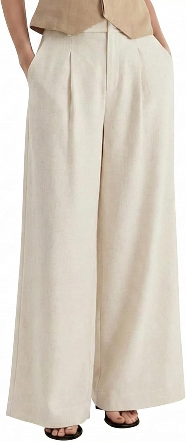 Women's Linen Blend Wide Leg Palazzo Pants All-Season Business Casual Outfits Dress Trousers