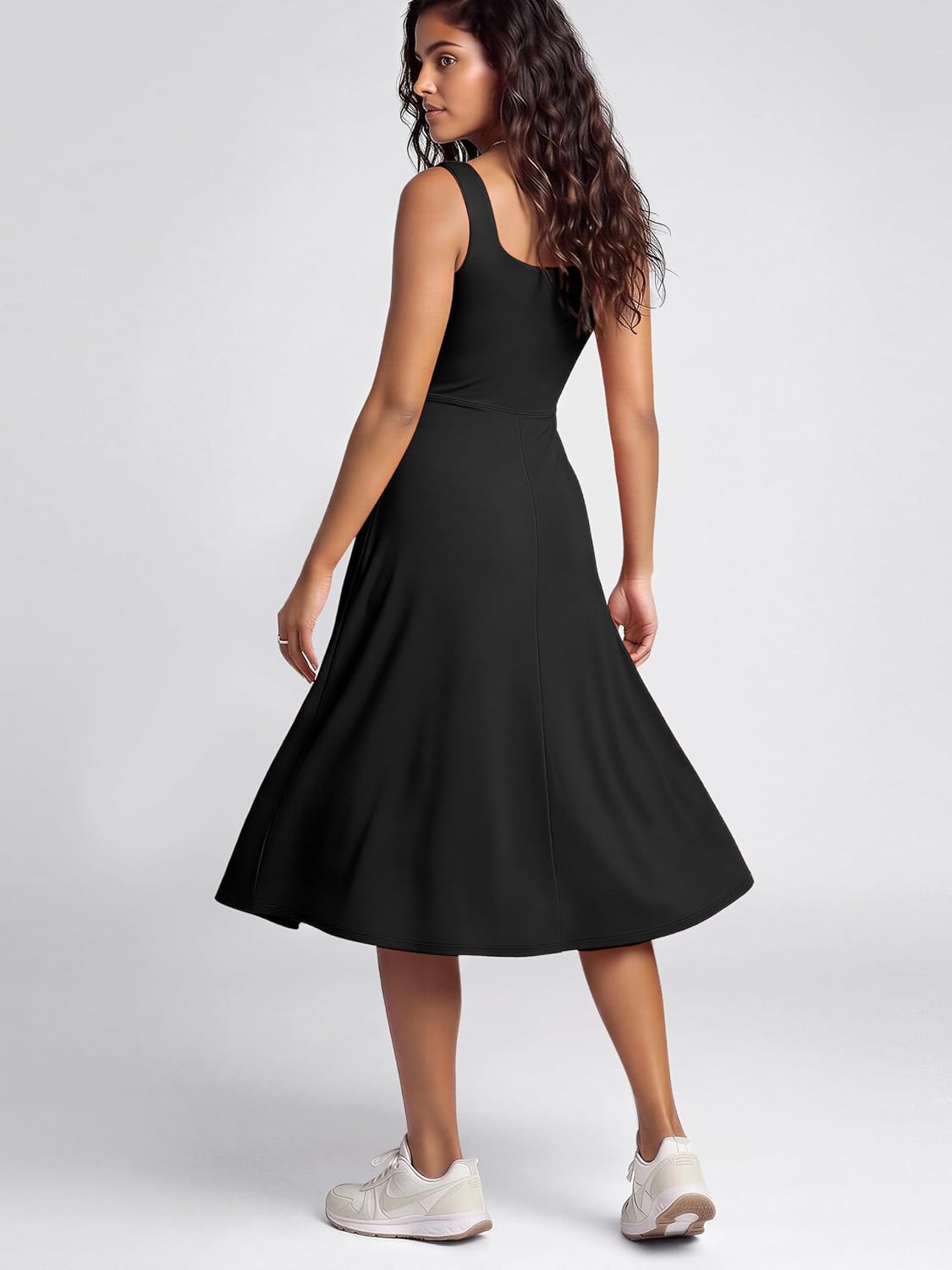 Women's Square Neck Midi Dress Flare Black with Pockets Women's Square Neck Midi Dress Flare Black with Pockets