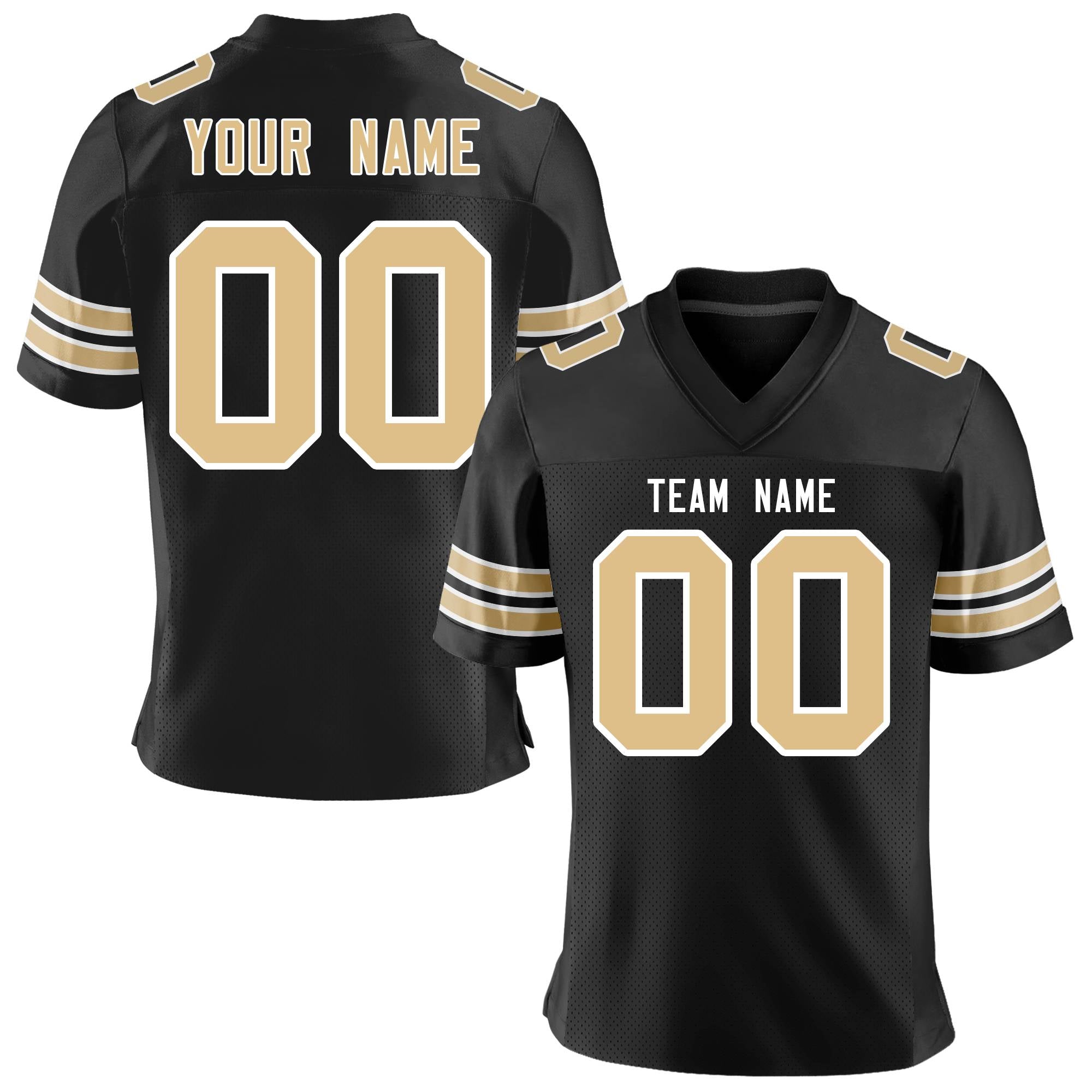 Benutzerdefiniertes, personalisiertes, klassisches, authentisches Mesh-Fußballtrikot in Schwarz, Altgold und Weiß