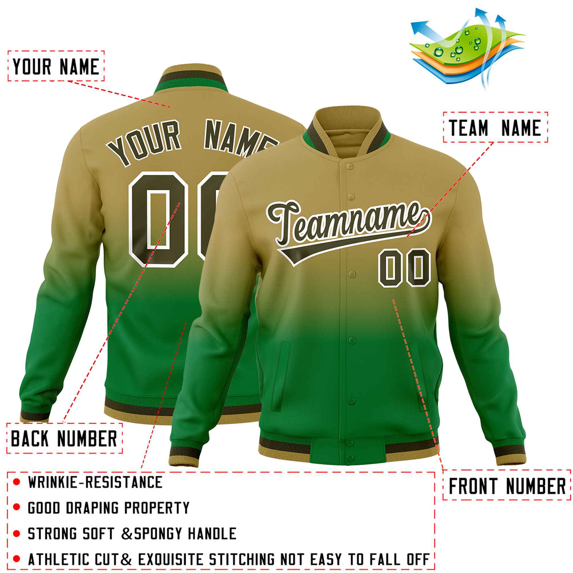 Custom Desert Yellow Kelly Green Full-Snap Varsity Personalization Gradient Fashion Letterman Jacket Custom Desert Yellow Kelly Green Full-Snap Varsity Personalization Gradient Fashion Letterman Jacket