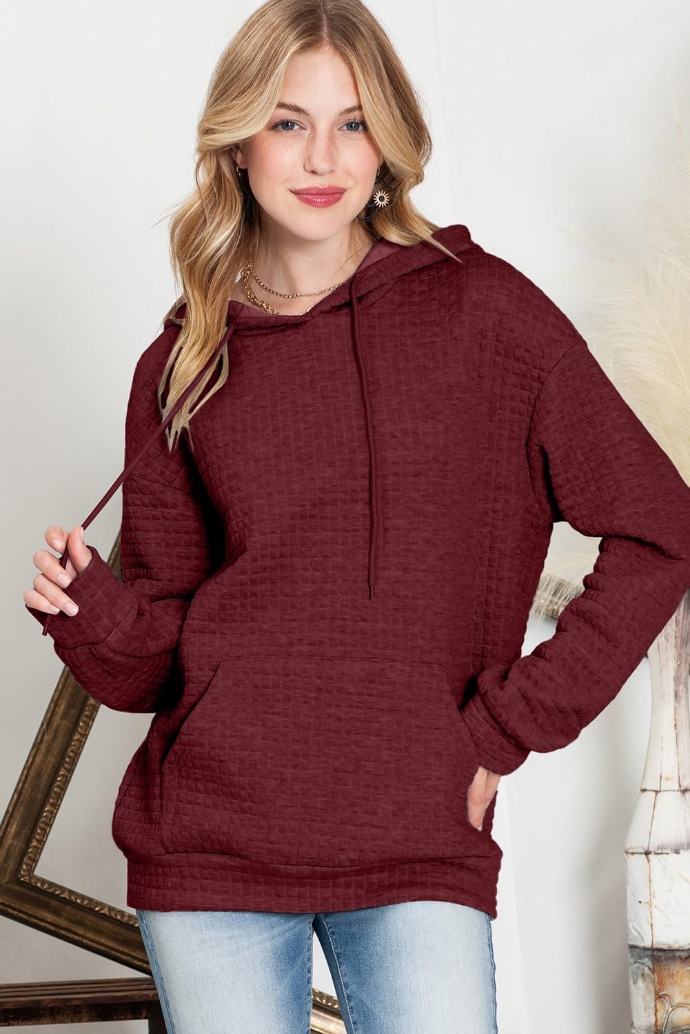 Womens Hoodies Casual Drawstring Waffle Pullover Tops Hooded Sweatshirt with Pocket