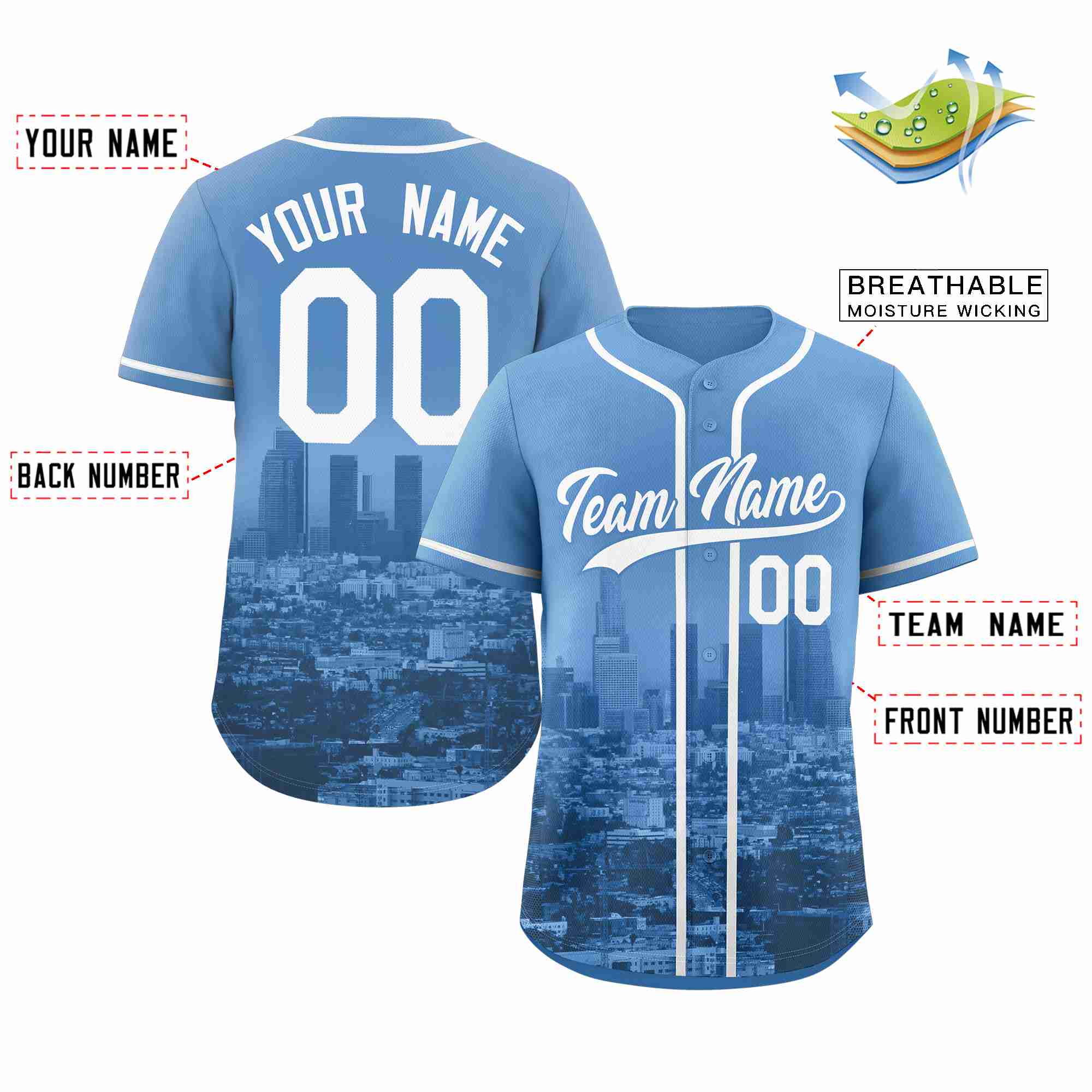 Maßgeschneidertes weiß-puderblaues Los Angeles City Skyline Baseball-Trikot Maßgeschneidertes weiß-puderblaues Los Angeles City Skyline Baseball-Trikot