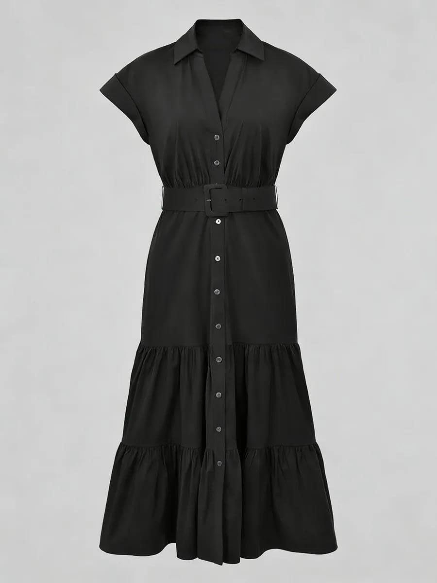 Women's Belted Shirt Midi Dress Collared Short Sleeve Black