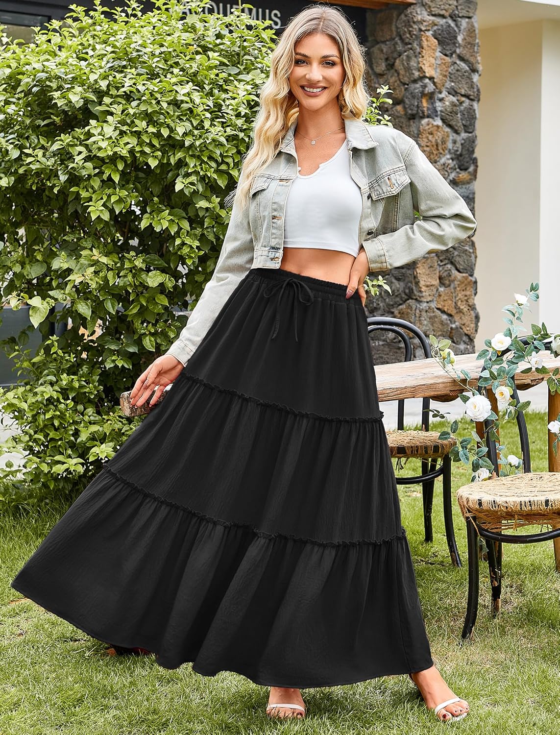 Women's Summer Maxi Skirt Trendy High Waist Pleated Ruffle Long Skirts Flowy Beach Boho Dress with Pockets