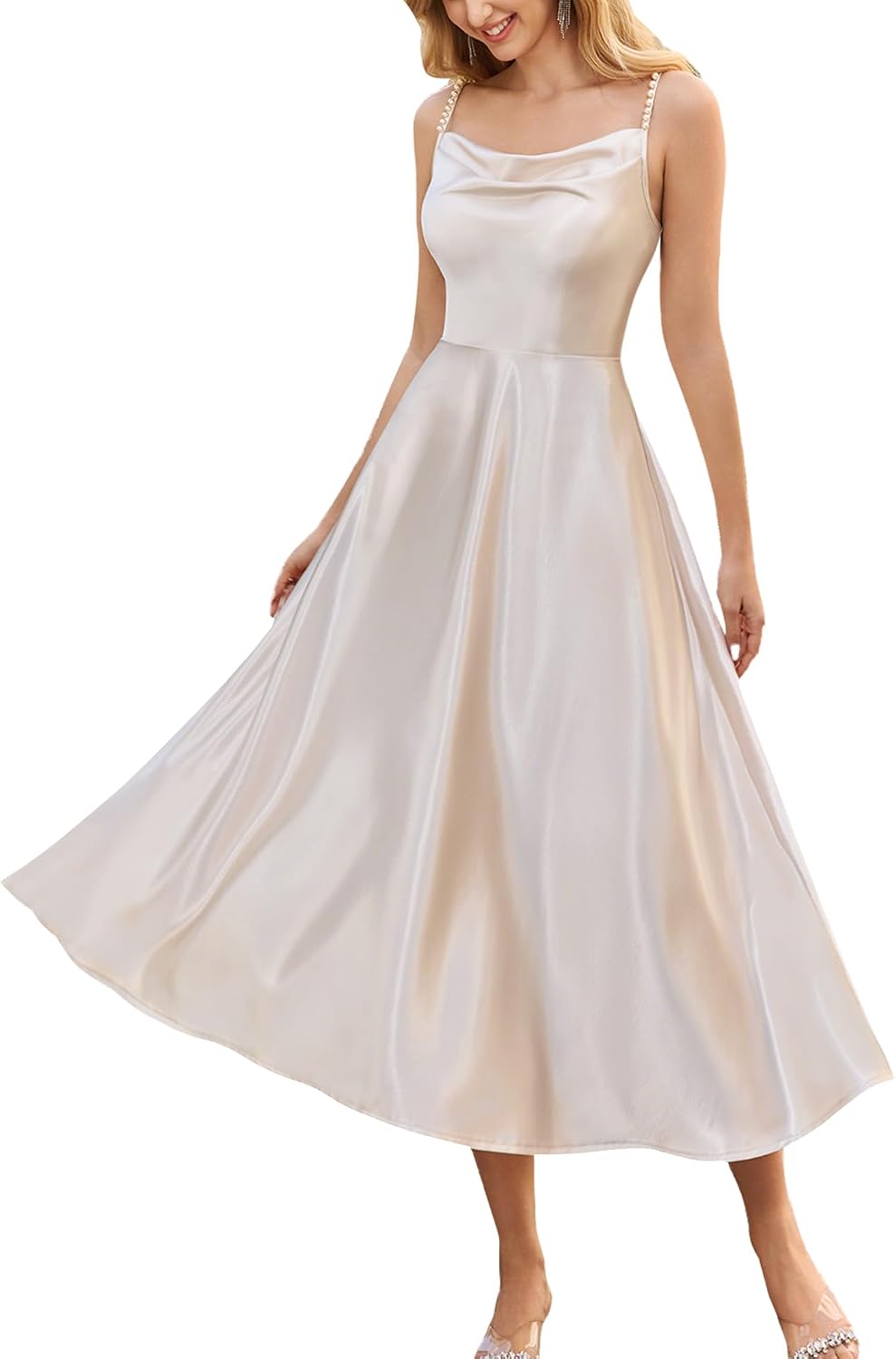 Satin Pearl Slip Dress Cowl Neck Backless Midi with Adjustable Straps Wedding Guest Bridesmaid Cocktail Party Gown