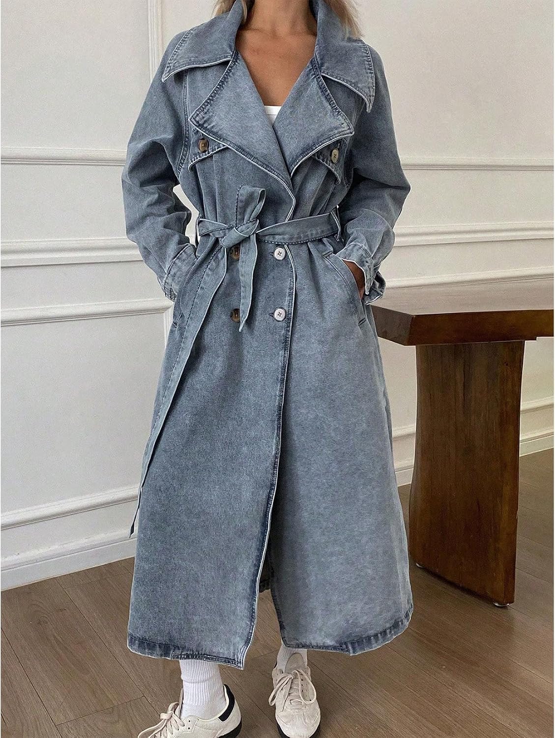 Women's Denim Trench Coat Long Sleeve Lapel Collar Double Breasted Belted Oversized Maxi Jean Jacket Duster