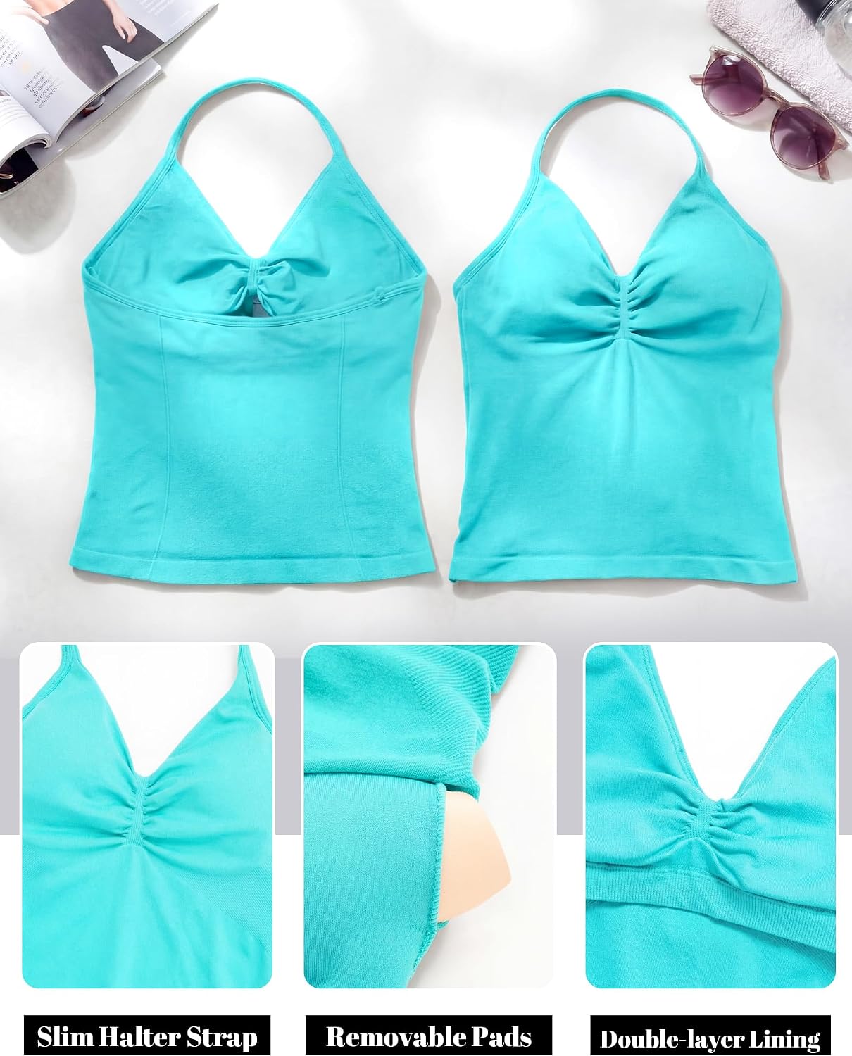 Women's Halter Padded Workout Cami 3 Pack V Neck