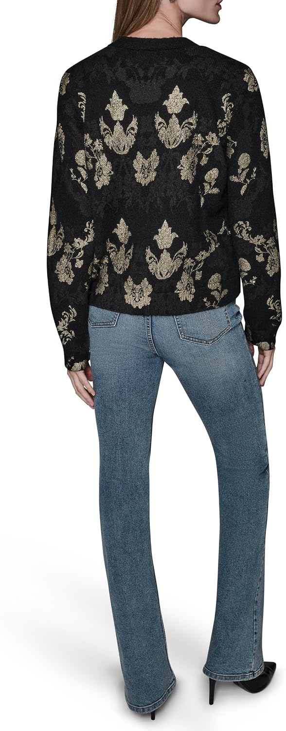 Women's Damask Print V Neck Button Front Cardigan