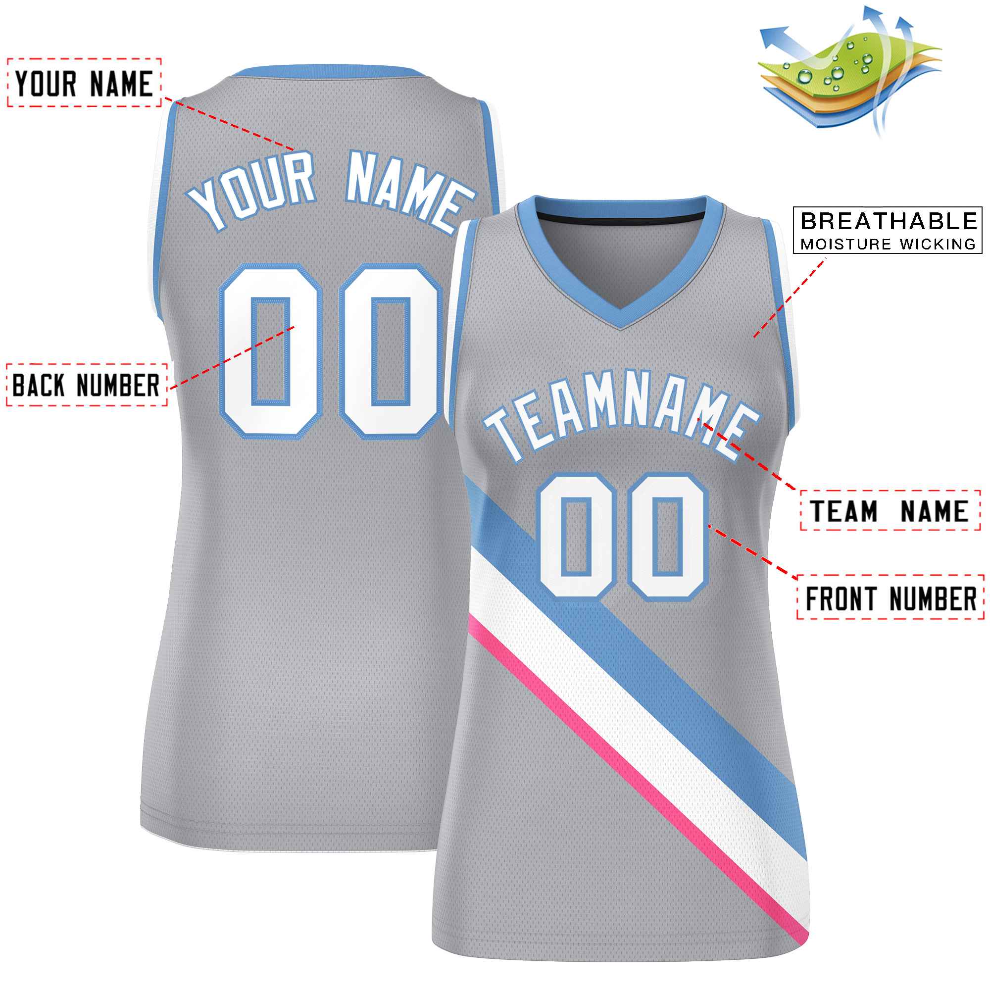 Maßgeschneidertes hellgrau-weiß-hellblaues, dickes Slash Fashion Tops Mesh-Basketballtrikot für Damen