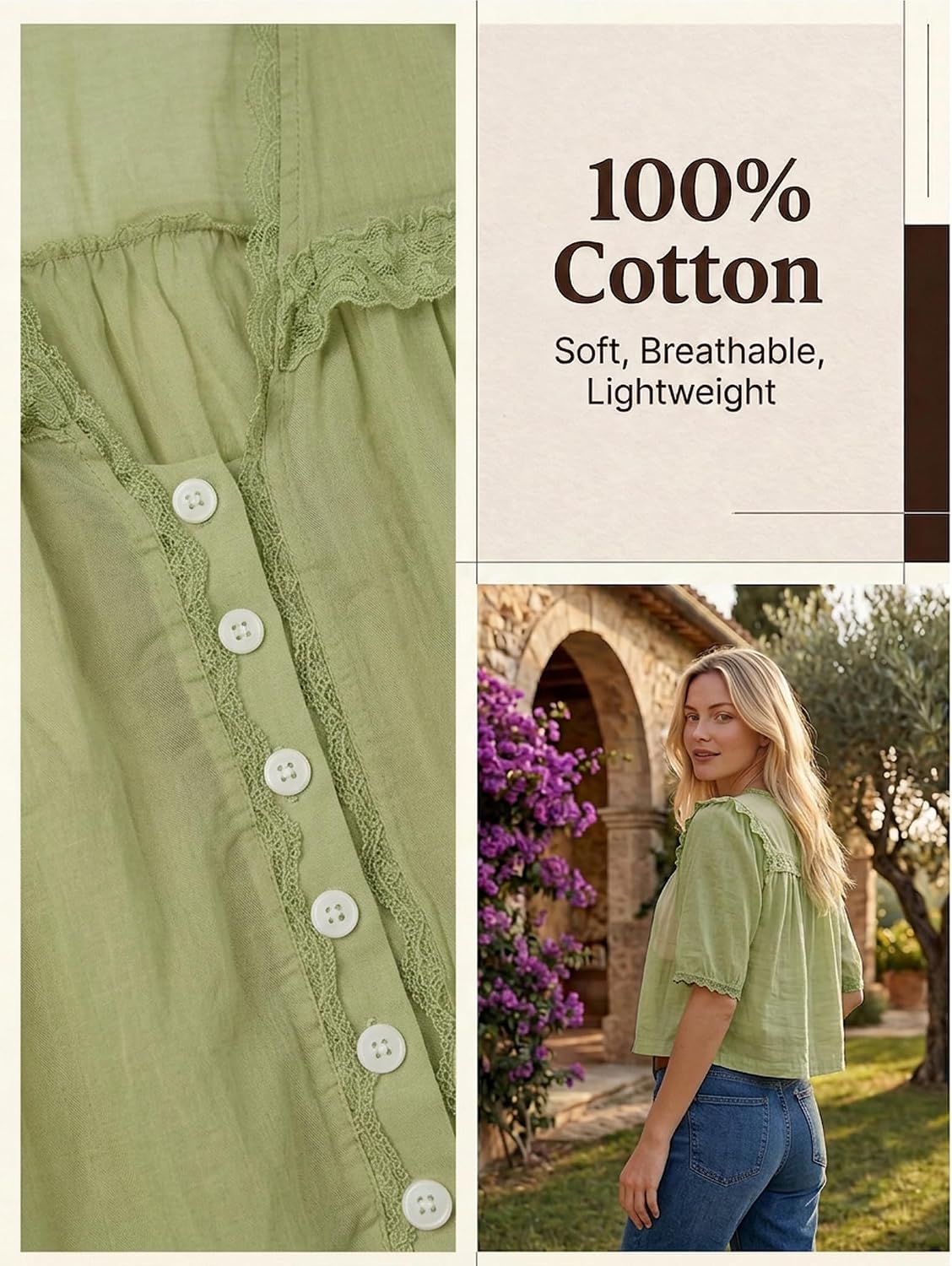 Women's Lace Trim Crop Blouse V Neck Sage Green