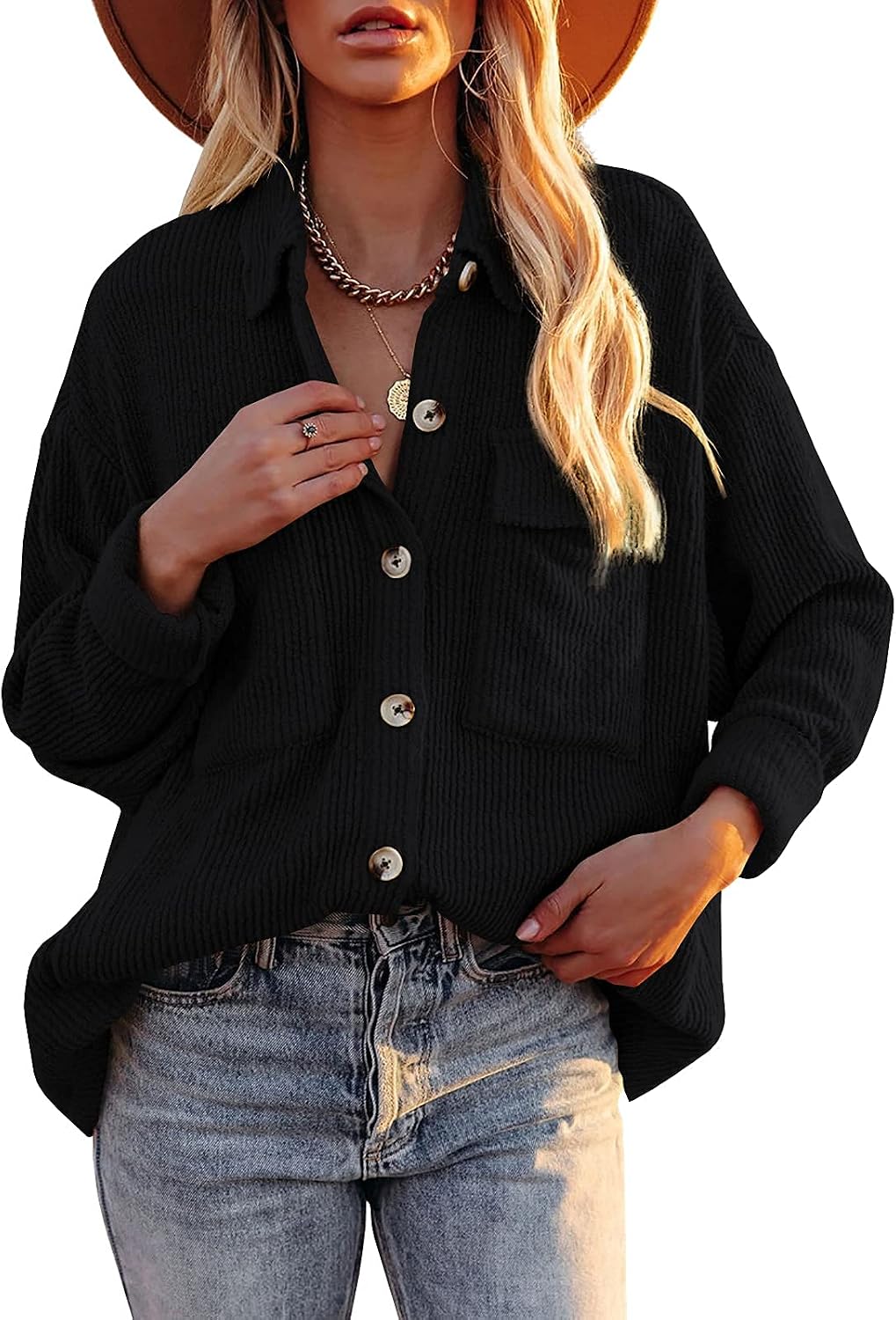 Women's Corduroy Long Sleeve Shirt Casual Collared Jacket Tops Cable Knit Sweater Button Down Cardigan