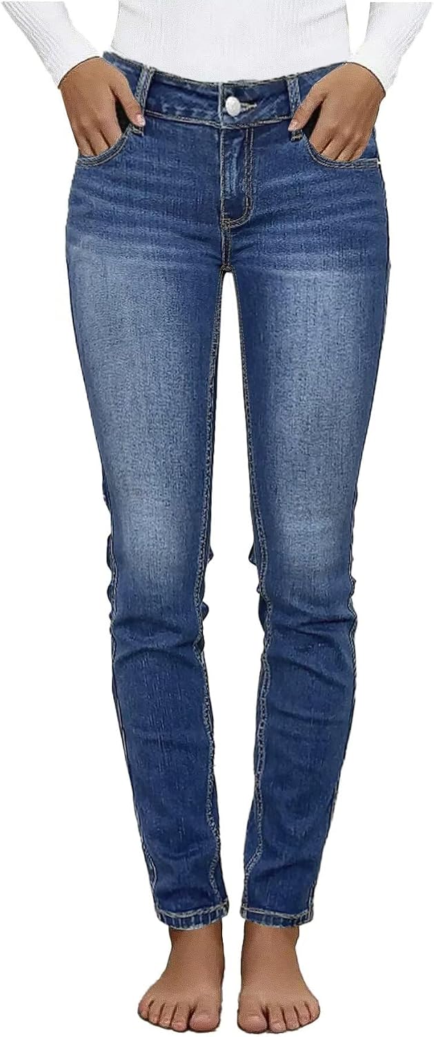 Mid Waist Women's Skinny Jeans Butt Lifting Slim Fit Wash Leg Denim Pants with Pocket