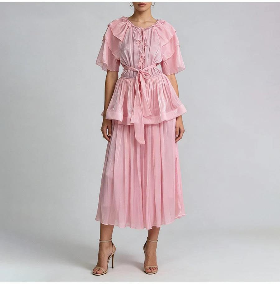 Women's Tiered Maxi Dress Flutter Sleeve Tie Waist Rust