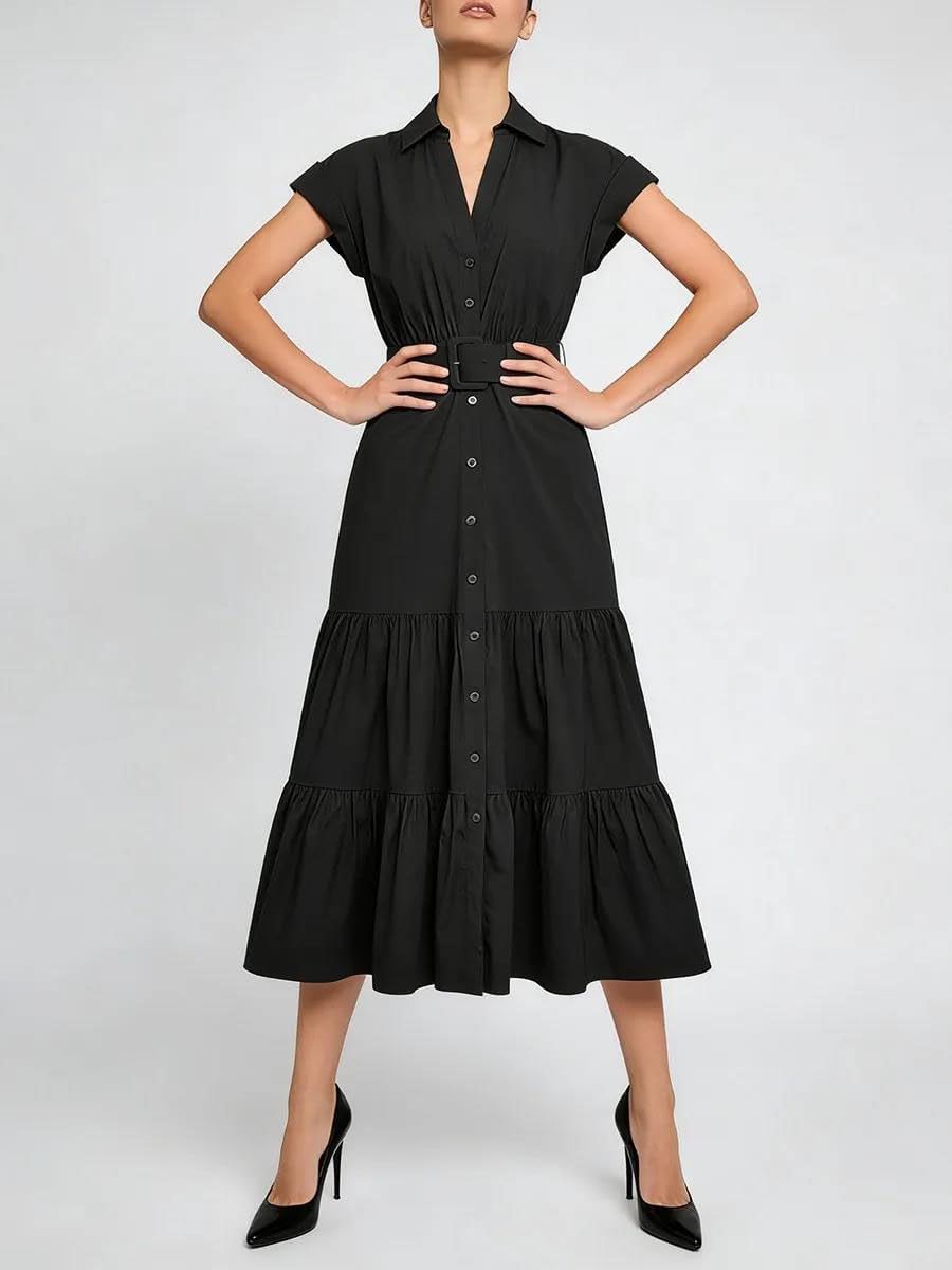 Women's Belted Shirt Midi Dress Collared Short Sleeve Black