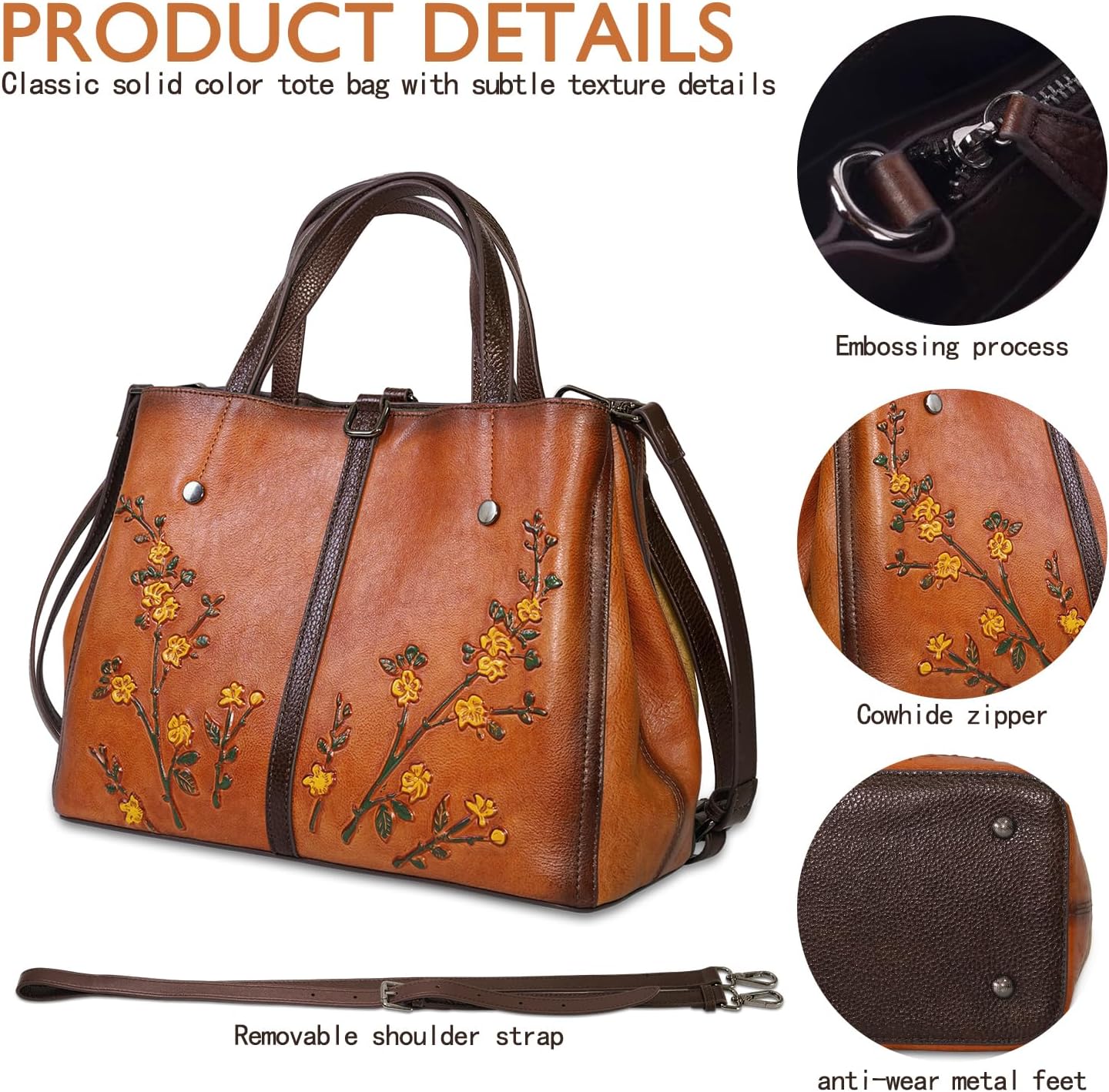 Women's Hand-Painted Floral Genuine Leather Tote Bag Orange Women's Hand-Painted Floral Genuine Leather Tote Bag Orange