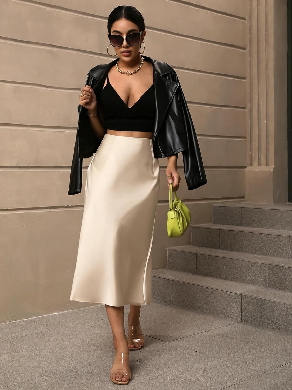 Women's Satin Midi Skirt Fishtail High Waist Champagne
