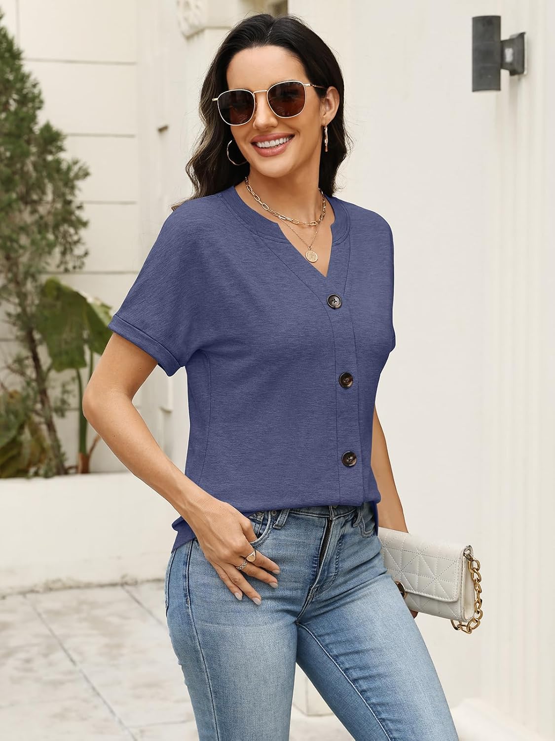 Womens Button Down Shirts Short Sleeve Summer V Neck T Loose Fit Cotton Blend No See-through Easy Care Tees Fall Clothing