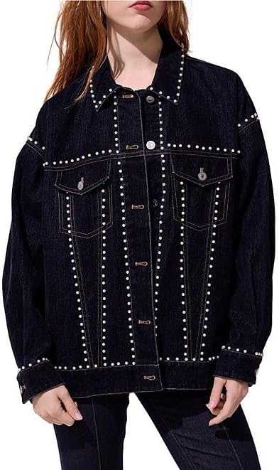 Women's Pearl Studded Oversized Denim Jacket Black Women's Pearl Studded Oversized Denim Jacket Black