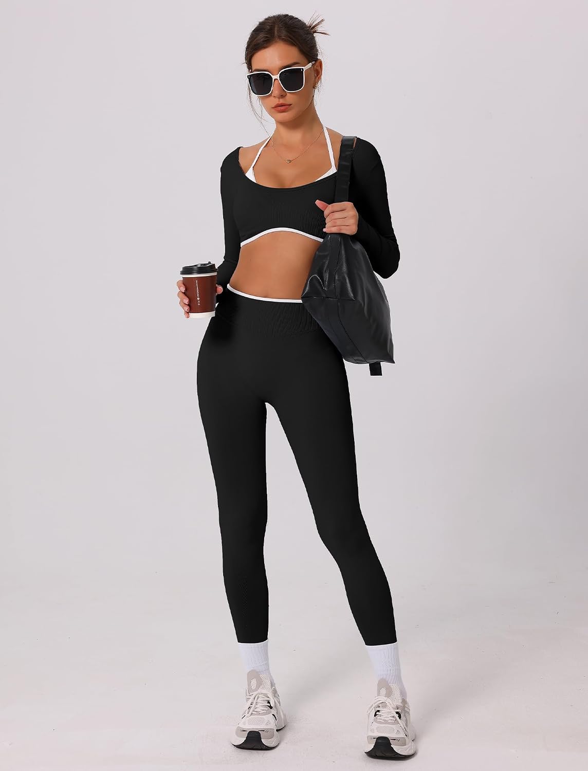 Women's Long Sleeve Crop Top and Leggings Set Black