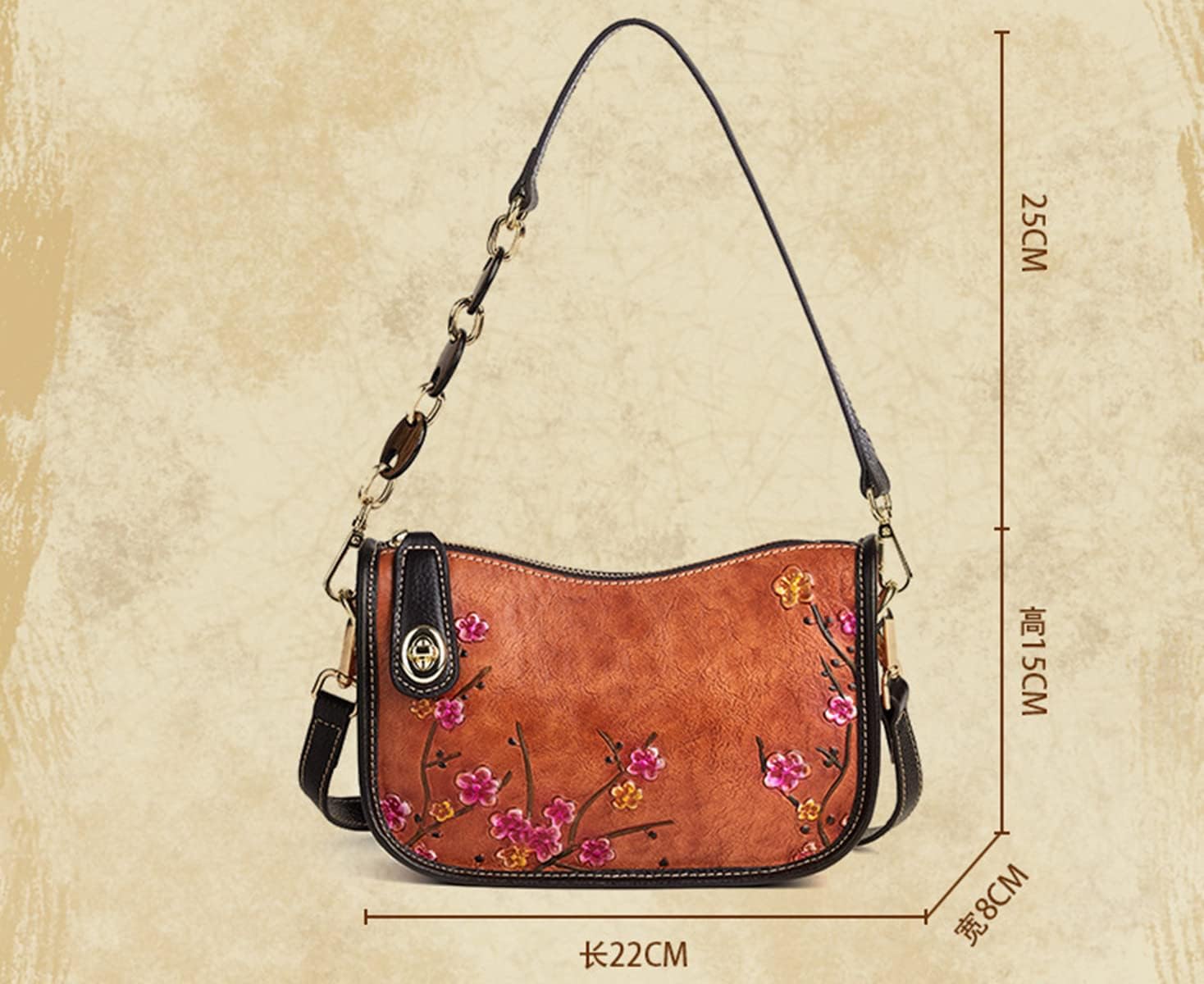 Women's Embroidered Floral Genuine Leather Shoulder Bag Brown Women's Embroidered Floral Genuine Leather Shoulder Bag Brown