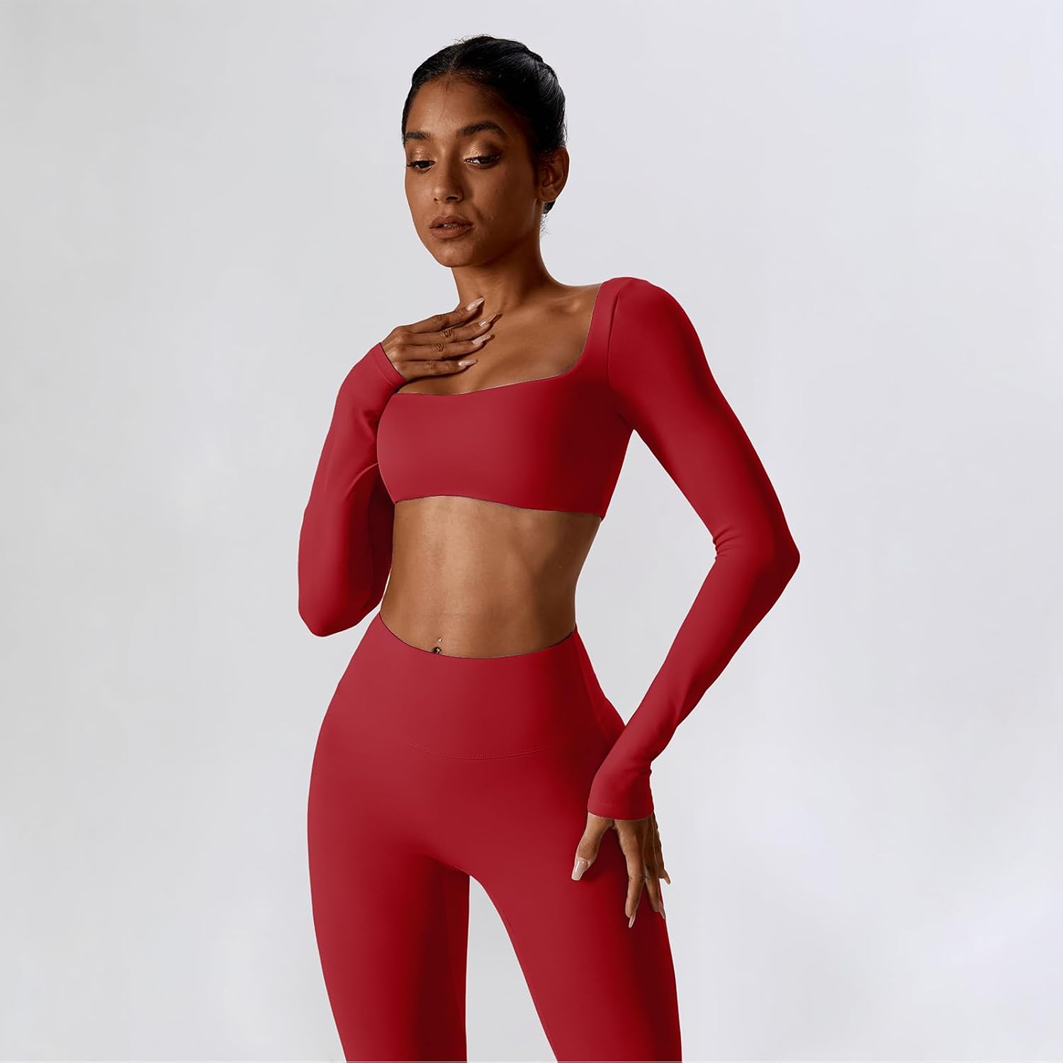 Women's Square Neck Crop Top Flare Leggings Set Red Women's Square Neck Crop Top Flare Leggings Set Red