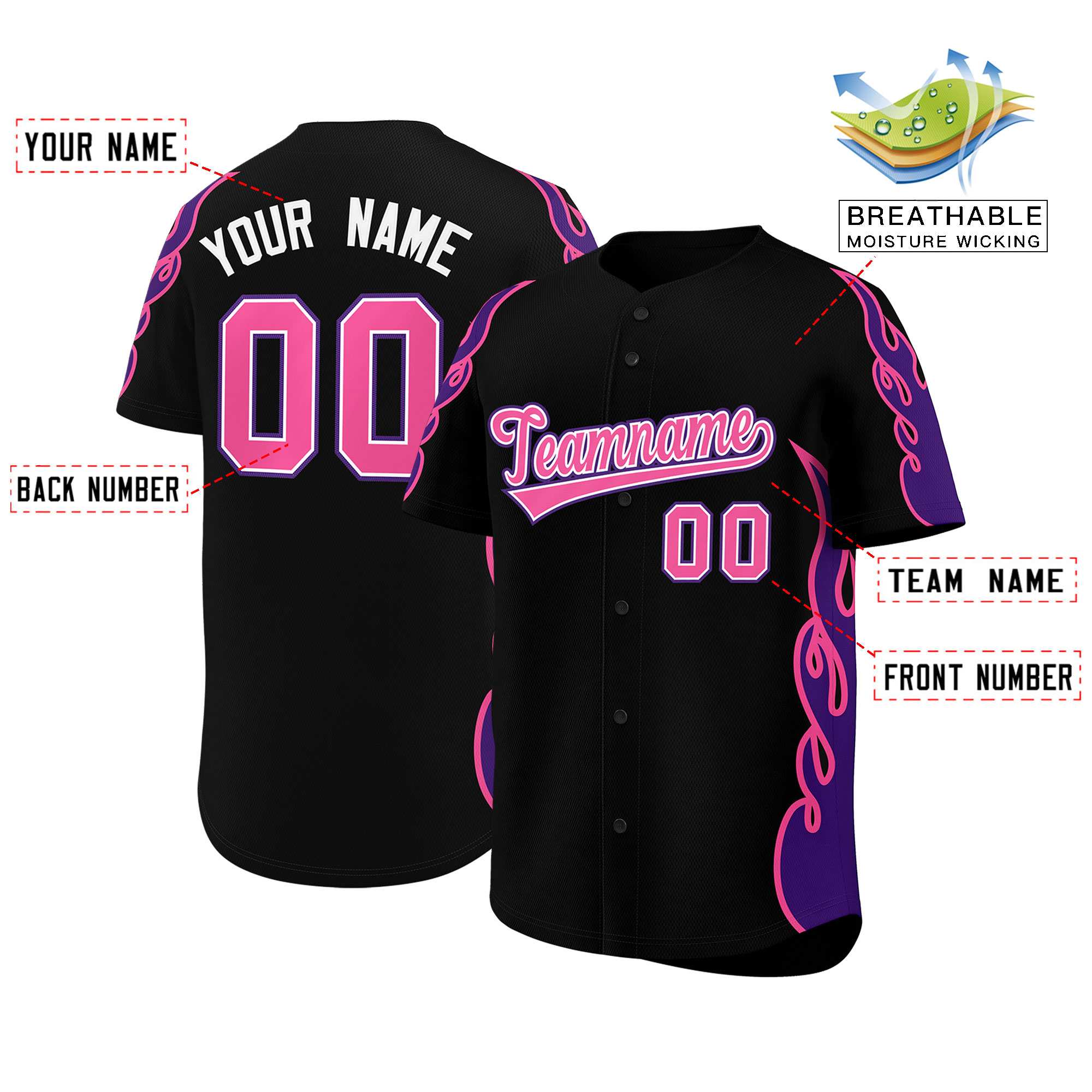 Benutzerdefiniertes Baseball-Trikot mit Seitenflammen-Umrissmuster für Sportuniformen