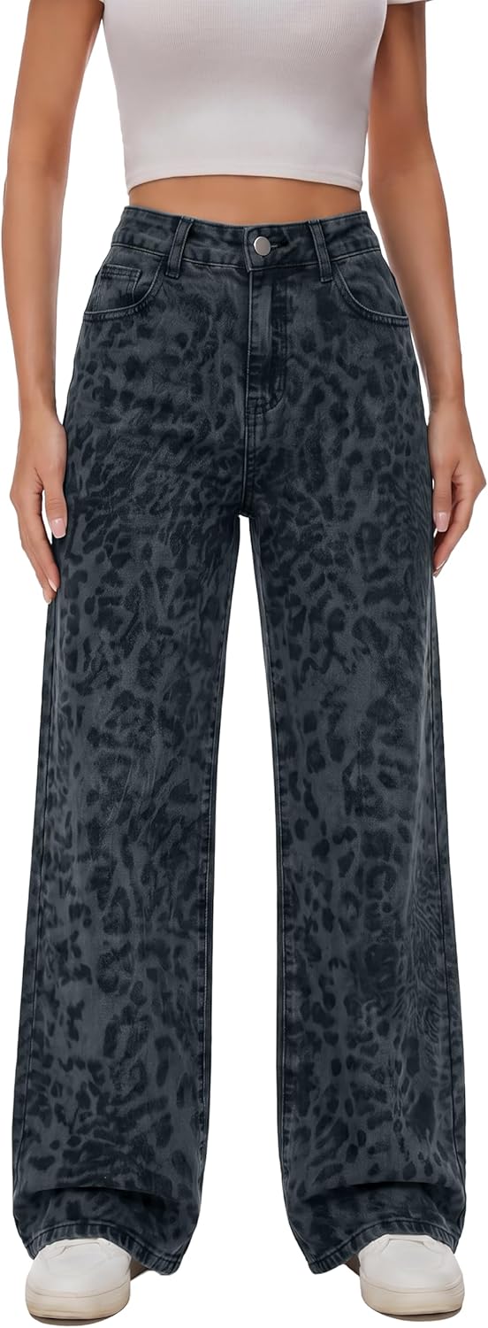Women's Leopard Print Wide Leg Pants Summer Lightweight Straight Trousers Trendy Retro Women's Leopard Print Wide Leg Pants Summer Lightweight Straight Trousers Trendy Retro