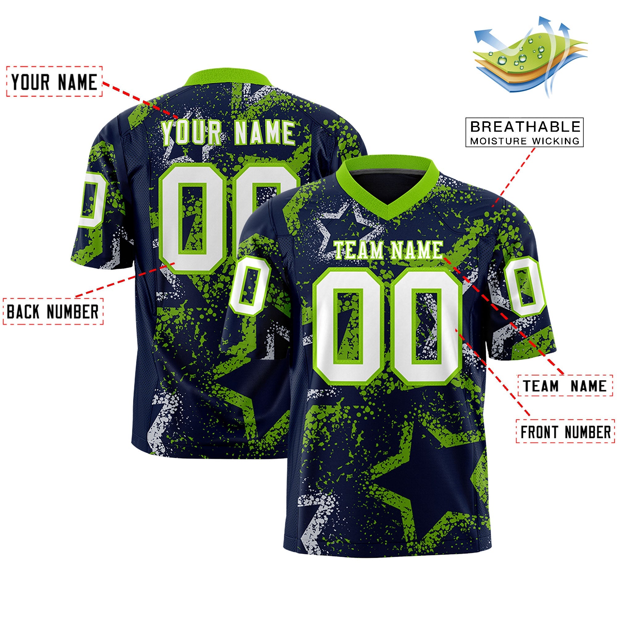Benutzerdefiniertes neongrün-weißes personalisiertes Stern-Graffiti-Muster, authentisches Fußballtrikot