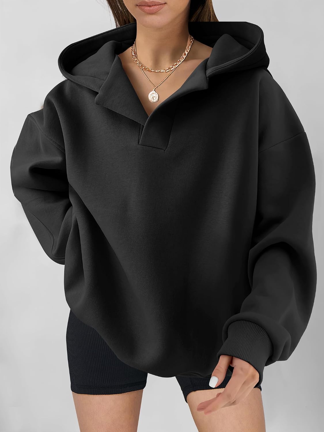 Womens Oversized Hoodies V Neck Sweatshirts Fleece Long Sleeve Pullover Y2K Clothes Fall Trendy Outfits
