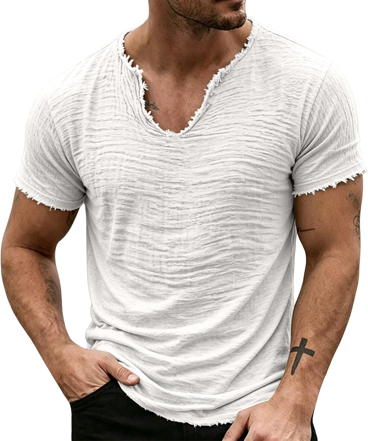 Men's Raw Edge V Neck T-Shirt Washed White