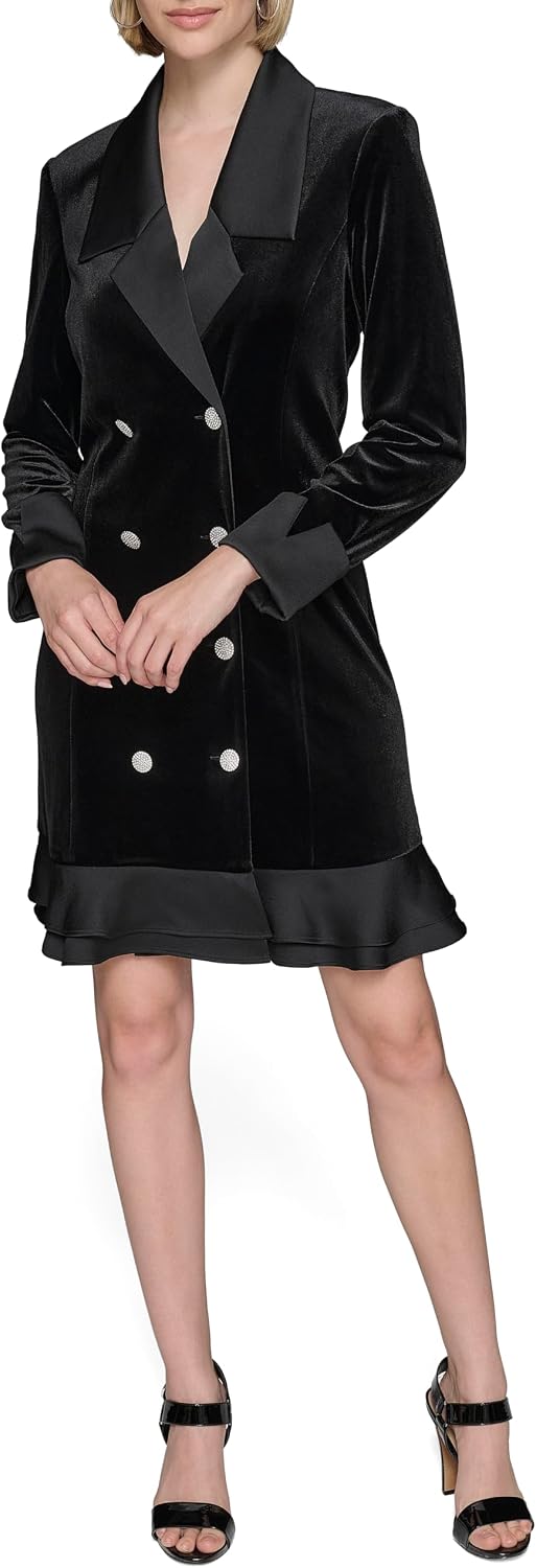 Women's Double Breasted Velvet Blazer Mini Dress Black
