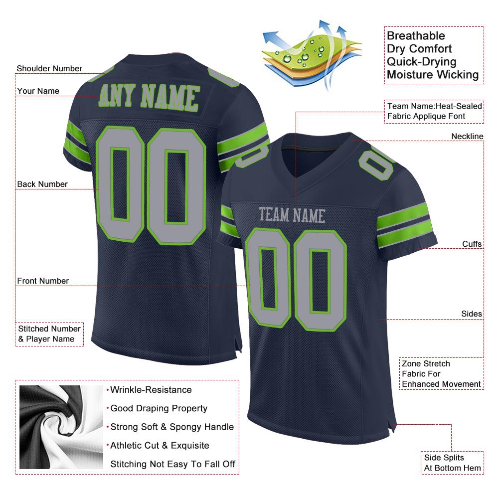 Custom Navy Light Gray-Neon Green Classic Style Mesh Authentic Football Jersey Custom Navy Light Gray-Neon Green Classic Style Mesh Authentic Football Jersey