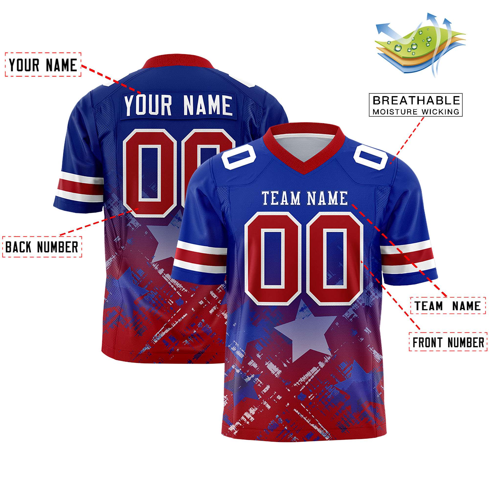 Benutzerdefiniertes, personalisiertes Fußballtrikot mit Stern-Flagge und Farbverlauf
