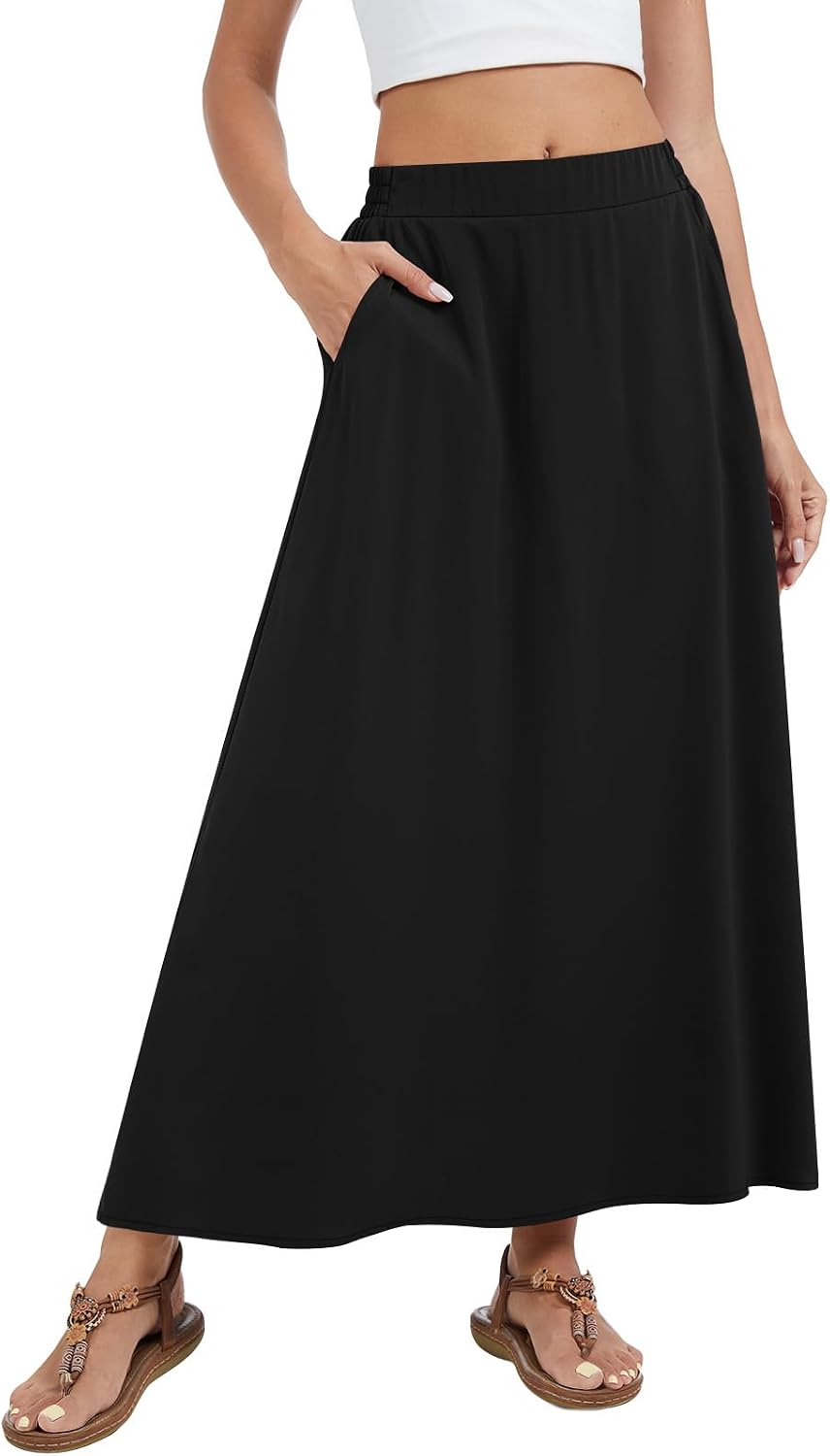 Womens Maxi A-line Long Skirt High Waist Casual Elastic Flowy Skirts with Pockets Womens Maxi A-line Long Skirt High Waist Casual Elastic Flowy Skirts with Pockets