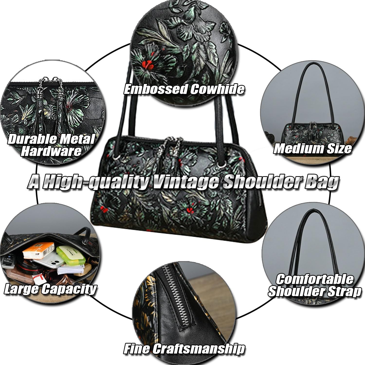 Women's Embossed Floral Leather Zip Shoulder Bag Black