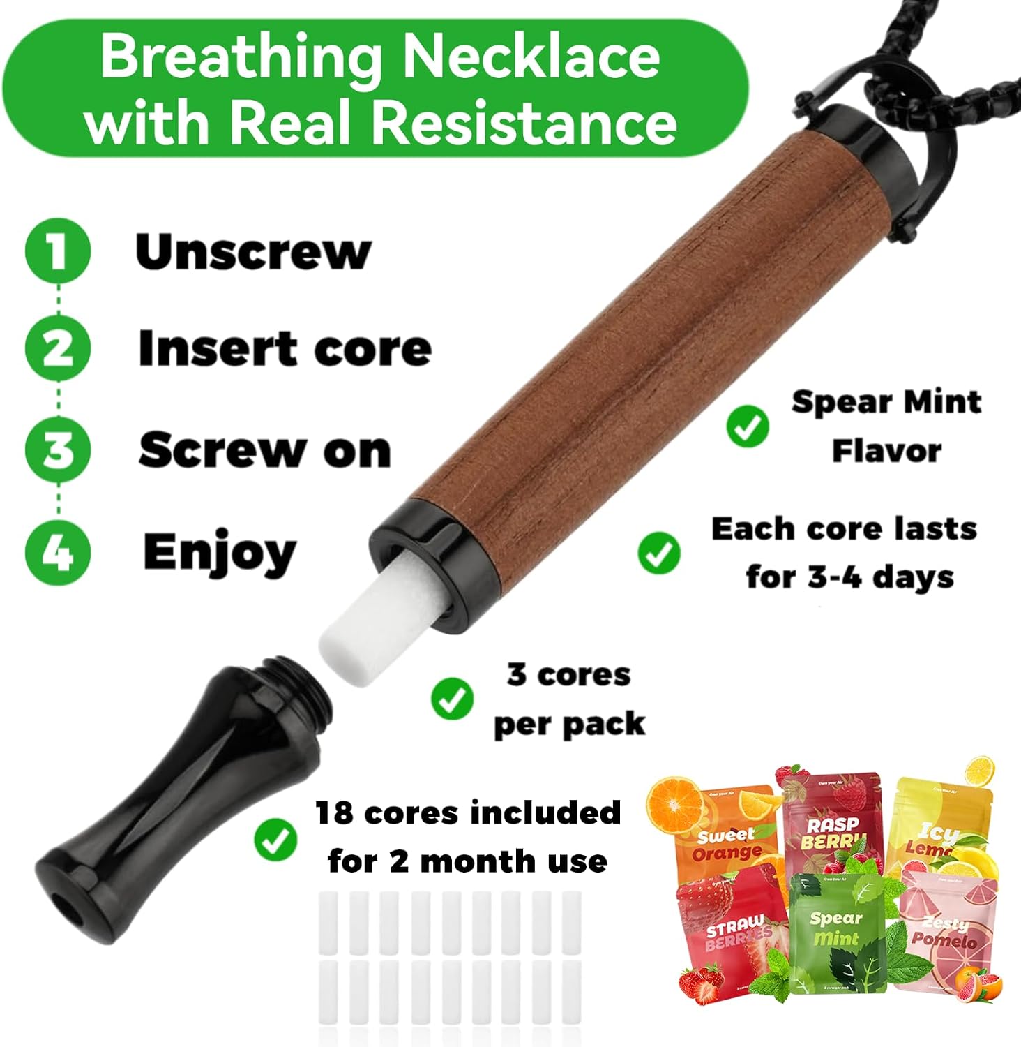 Natural Breathing Necklace with 18 Flavor Cores, Brown Wood Natural Breathing Necklace with 18 Flavor Cores, Brown Wood