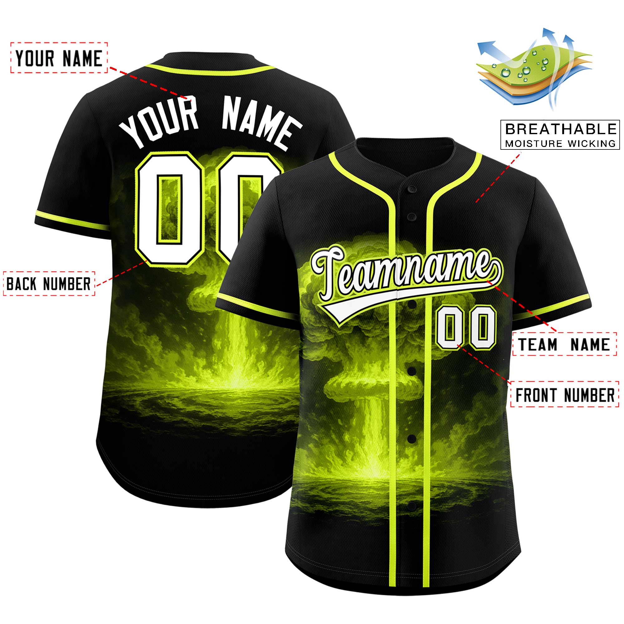 Benutzerdefiniertes, authentisches Baseball-Trikot mit Nuclear Blast-Graffiti-Muster und durchgehendem Knopf in Schwarz, fluoreszierend, grün Benutzerdefiniertes, authentisches Baseball-Trikot mit Nuclear Blast-Graffiti-Muster und durchgehendem Knopf in Schwarz, fluoreszierend, grün