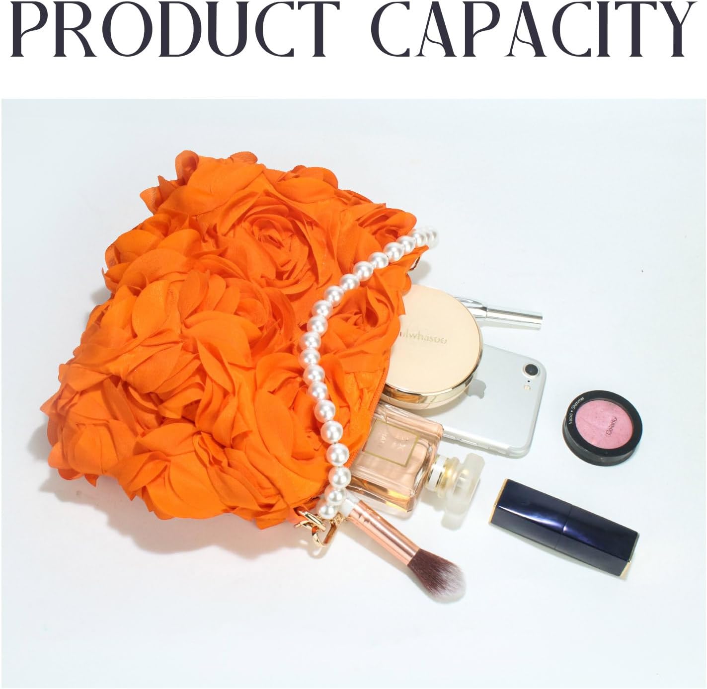 Women's Orange 3D Flower Clutch with Pearl Handle