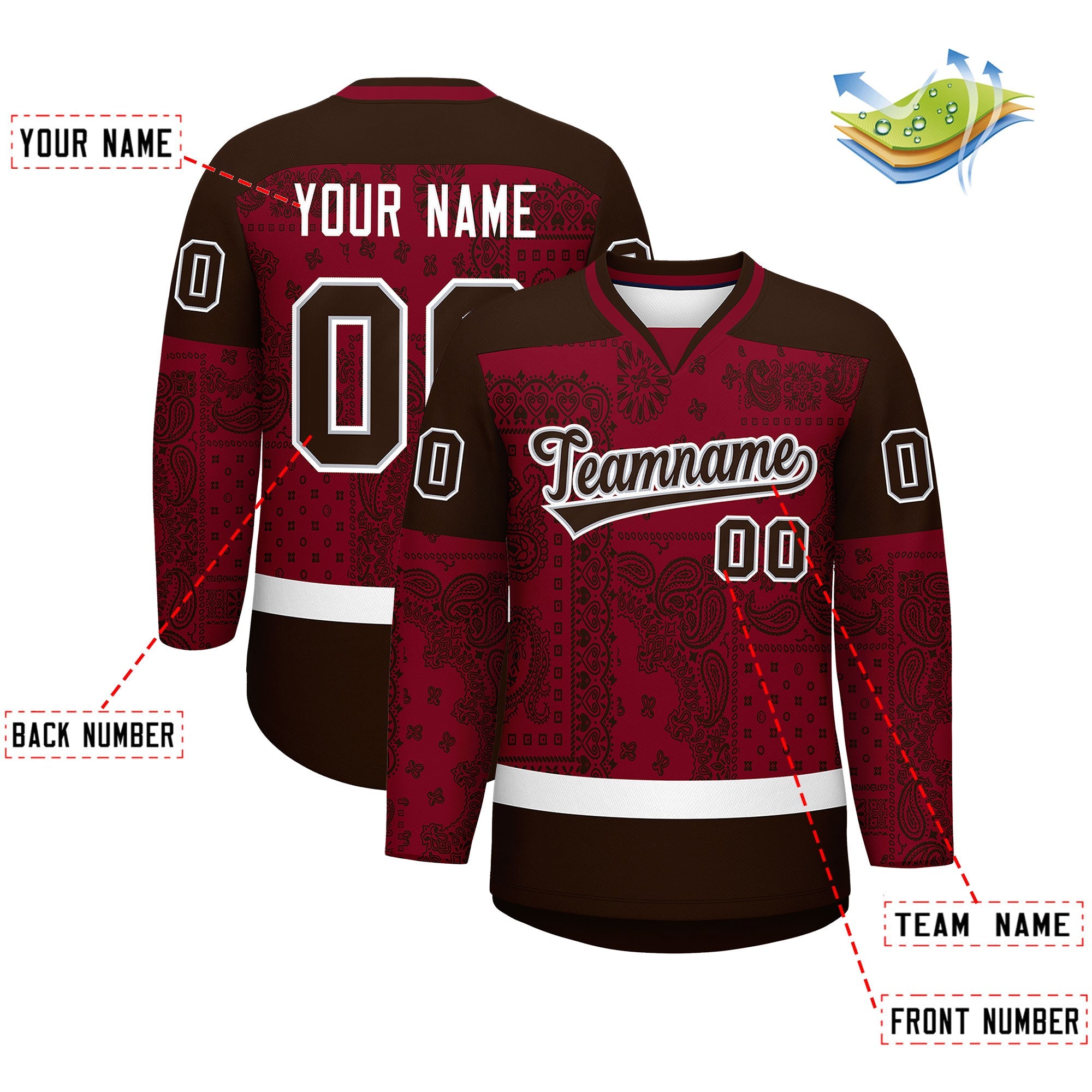 Custom Brown Crimson White Cashew Flower Graffiti Pattern V-Neck Hockey Jersey