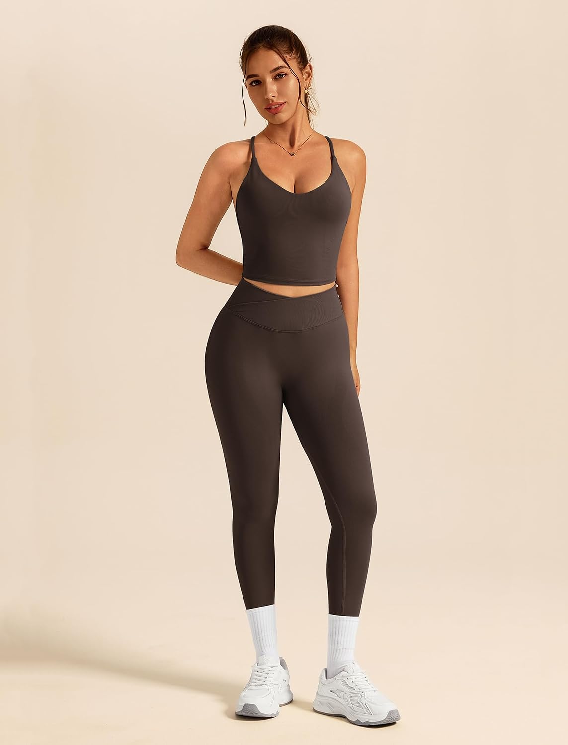 Women's Strappy Cami Tank and Crossover Leggings Coffee