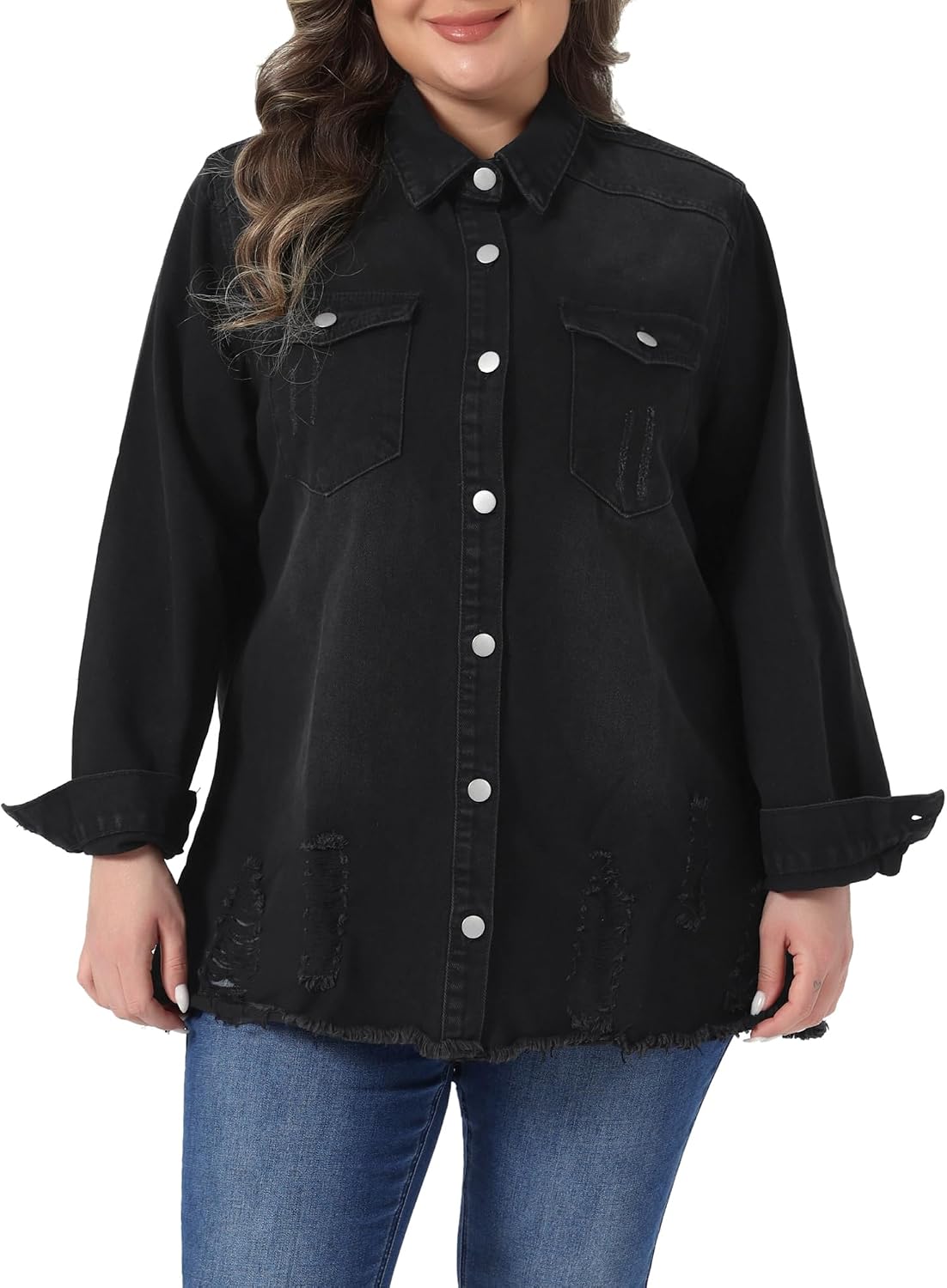Women's Plus Size Washed Black Distressed Long Denim Jacket