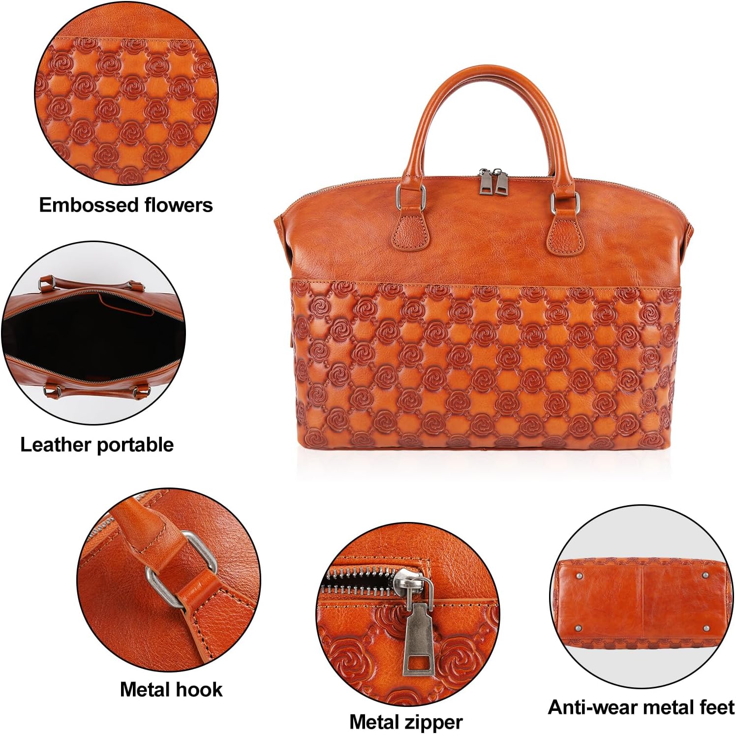 Women's Embossed Genuine Leather Boston Handbag, Brown