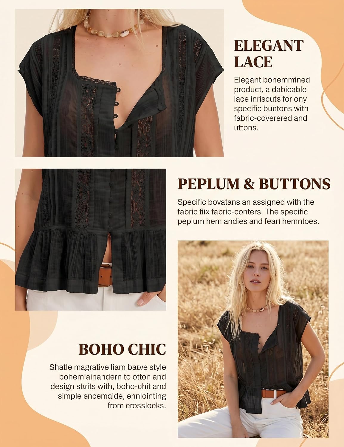 Women's Semi Sheer Blouse Square Neck Lace Trim Black Women's Semi Sheer Blouse Square Neck Lace Trim Black