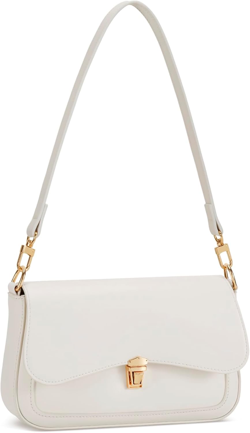 Women's White PU Flap Shoulder Bag Gold Lock