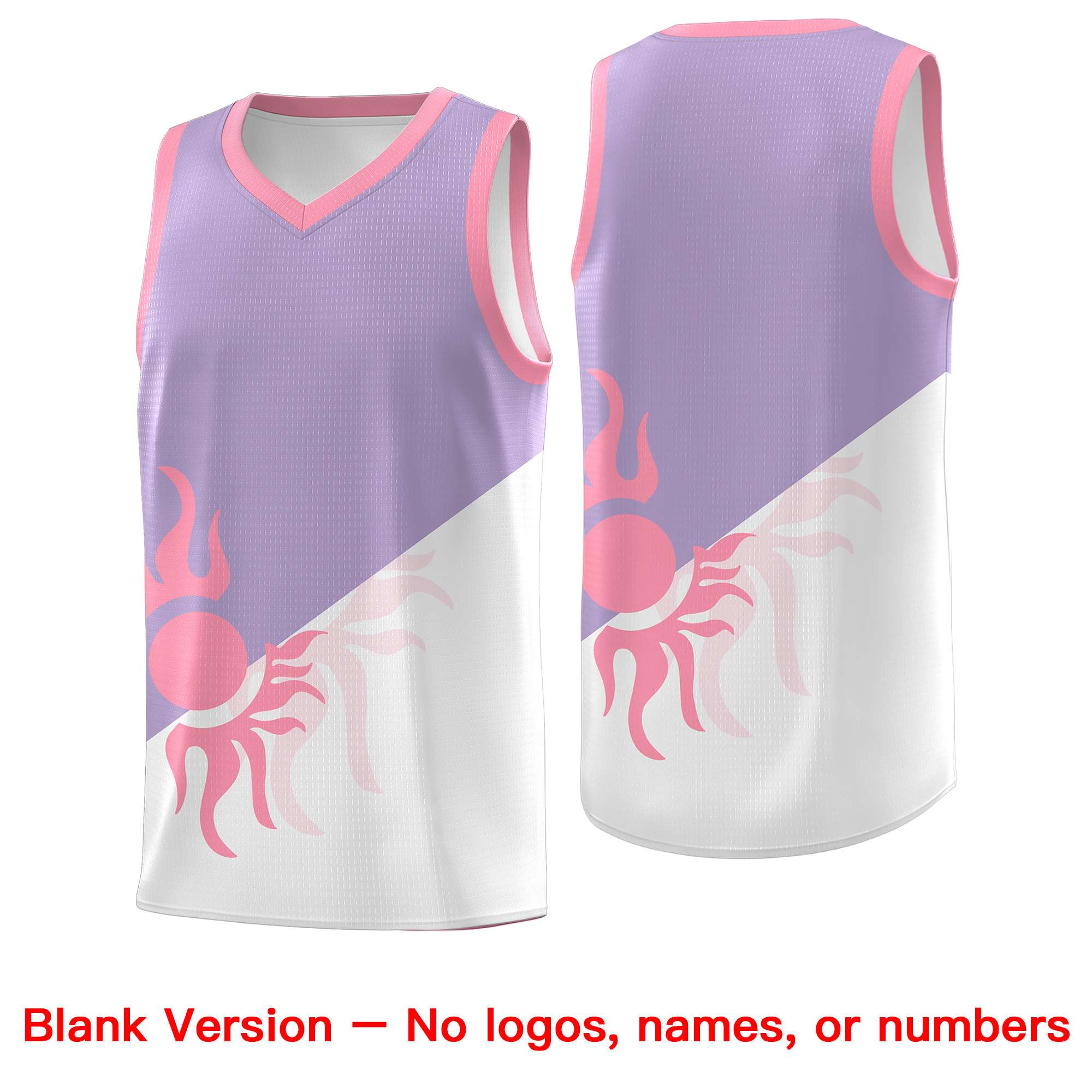 Maßgeschneidertes zweifarbiges drapierbares Uniform-Basketballtrikot mit leuchtendem Sonnendesign in Helllila und Weiß