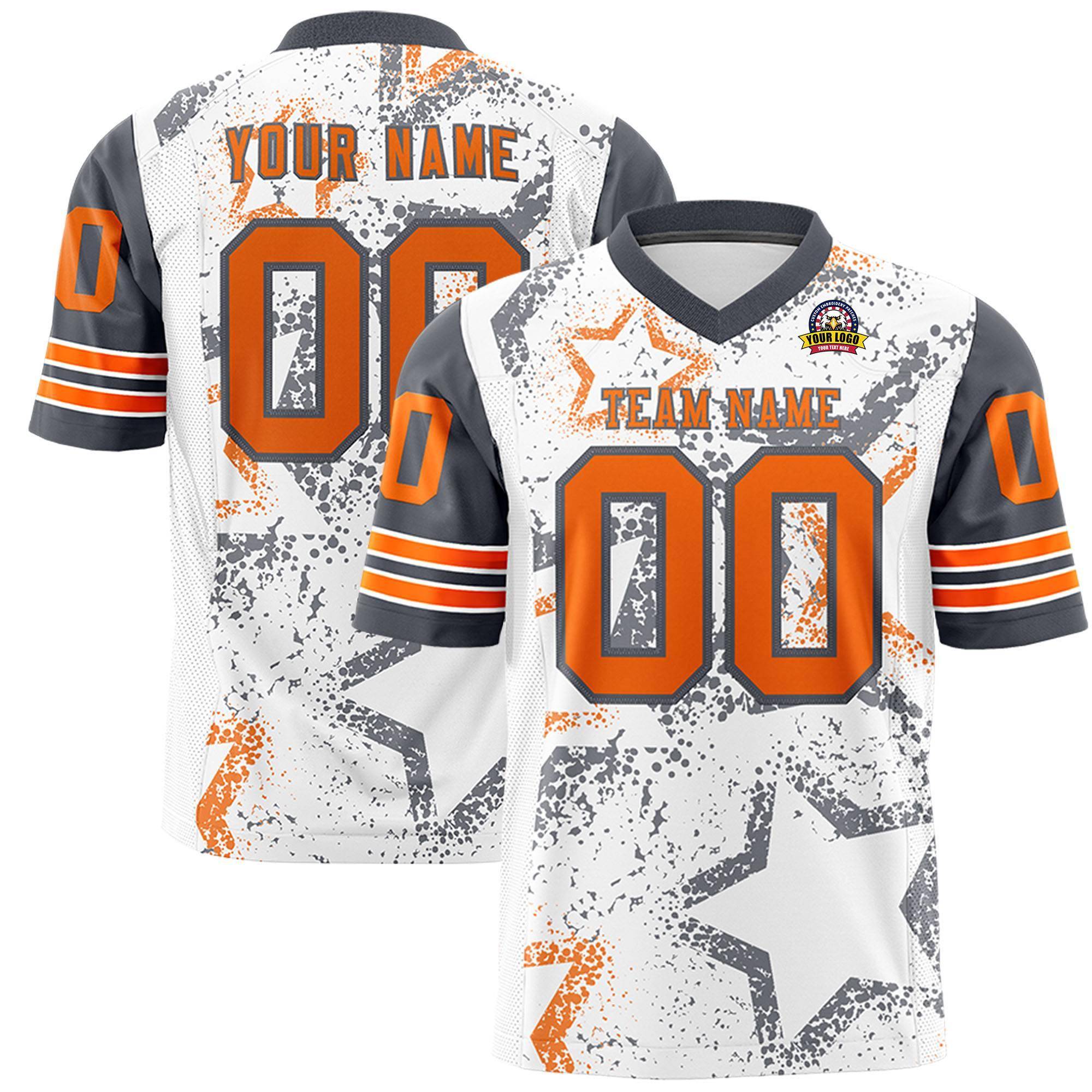 Benutzerdefiniertes, personalisiertes Sternmuster-Design in Weiß, Dunkelgrau und Orange, authentisches Fußballtrikot