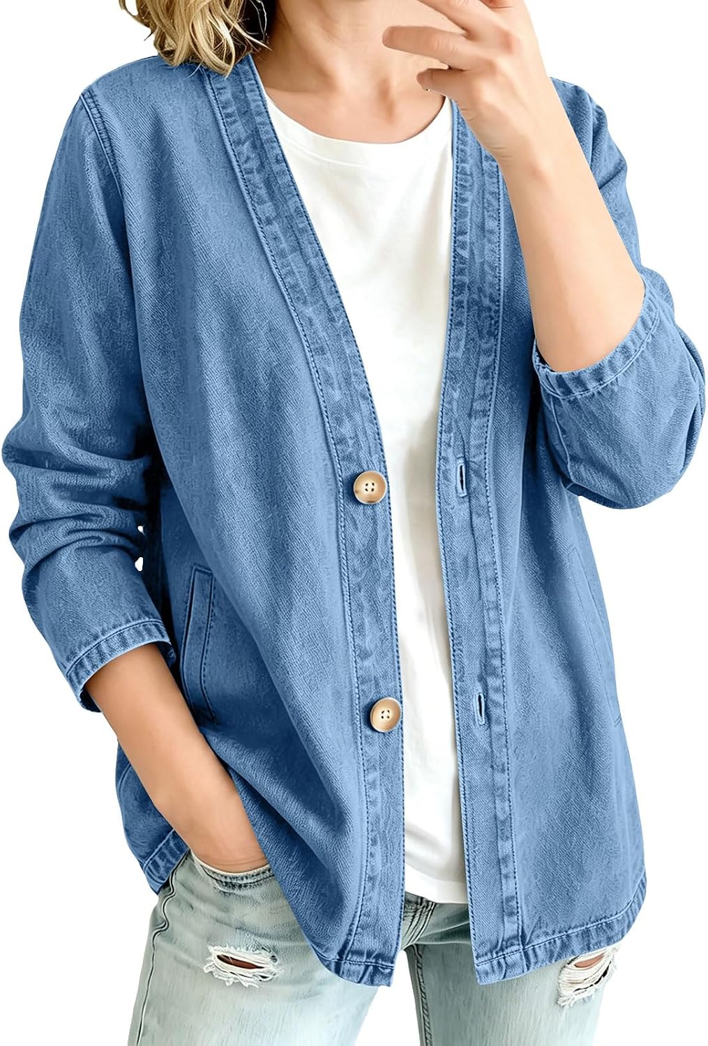 Denim Cardigan Jacket for Women Classic 3-Quarter Sleeve Jeans Oversized Wash V Neck Open Front Coat