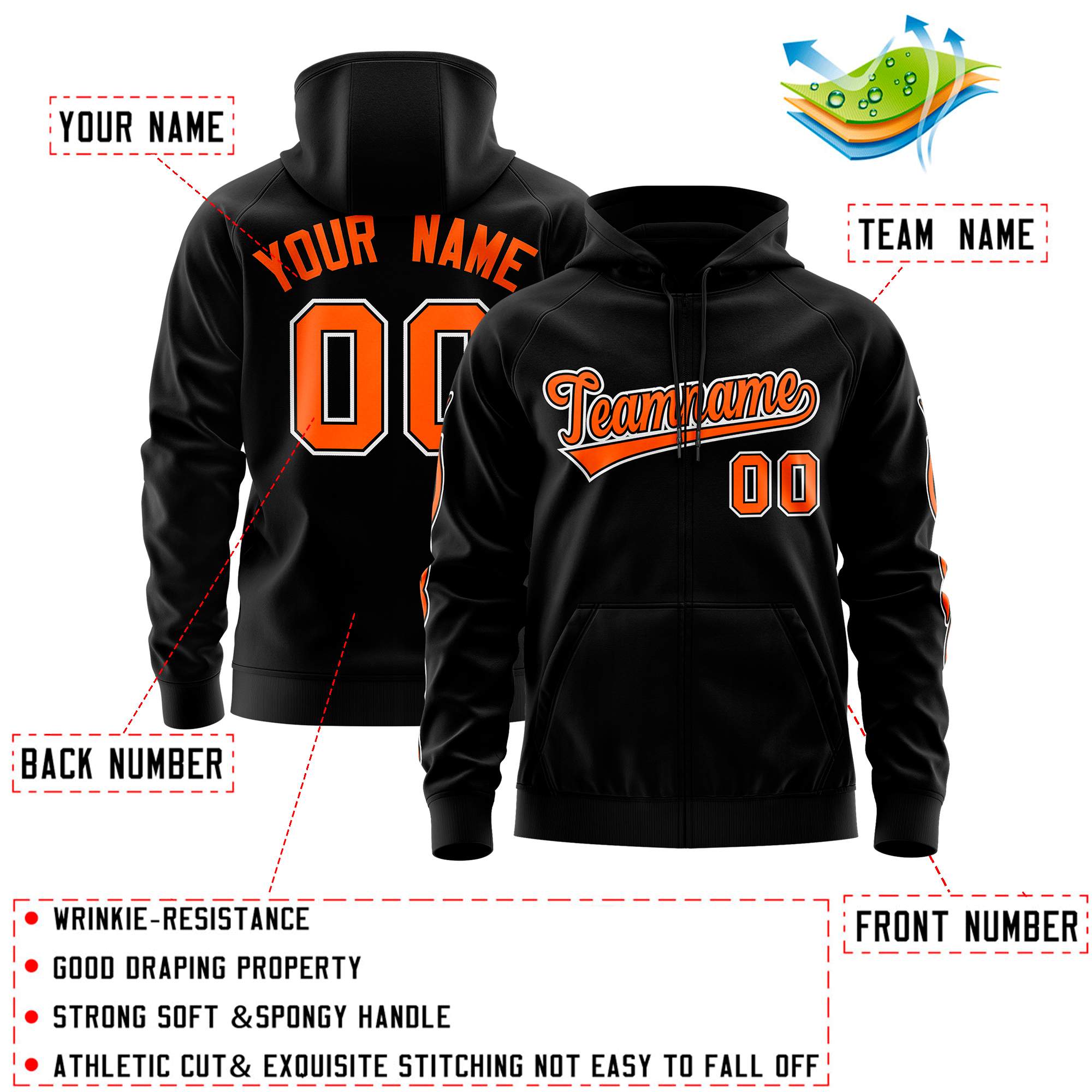 Individuell genähter Sport-Sweatshirt-Kapuzenpullover mit durchgehendem Reißverschluss in Schwarz und Orange mit Flamme