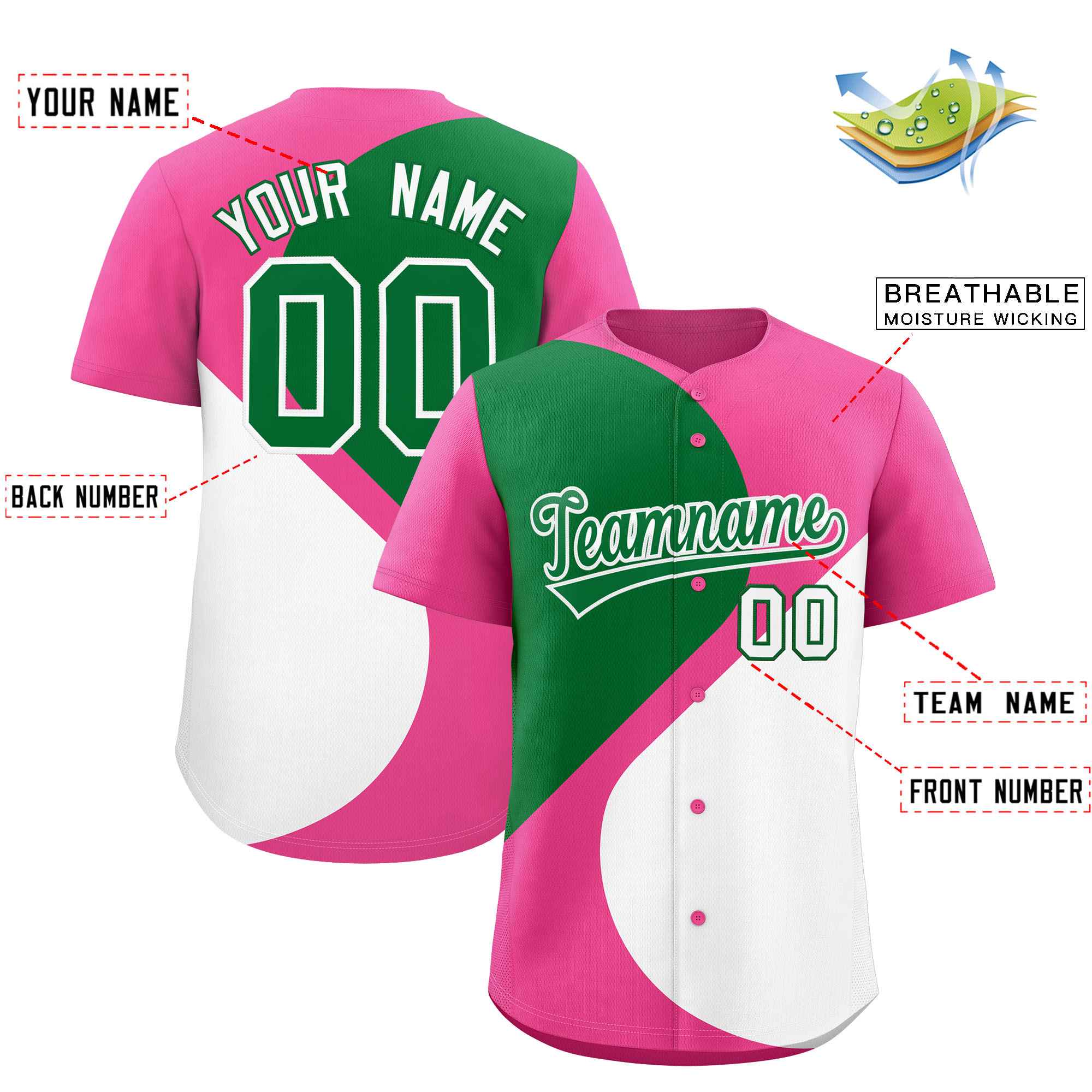 Benutzerdefiniertes authentisches Baseball-Trikot mit rosa Kelly-Grün-Weiß-Farbblock, personalisiertes halbes Herzmuster