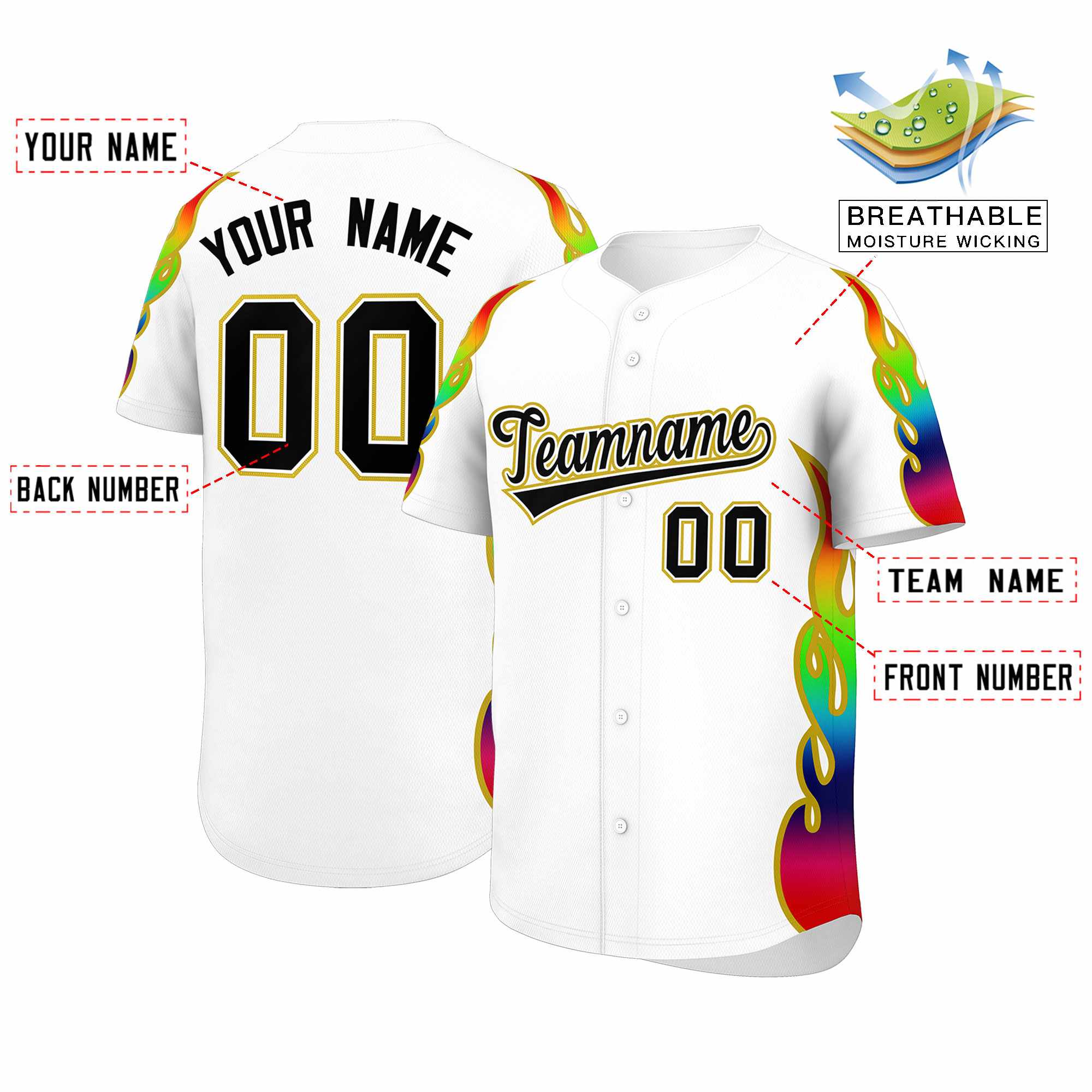Benutzerdefiniertes Graffiti-Muster, personalisierter mehrfarbiger Flammendruck, authentisches Baseball-Trikot